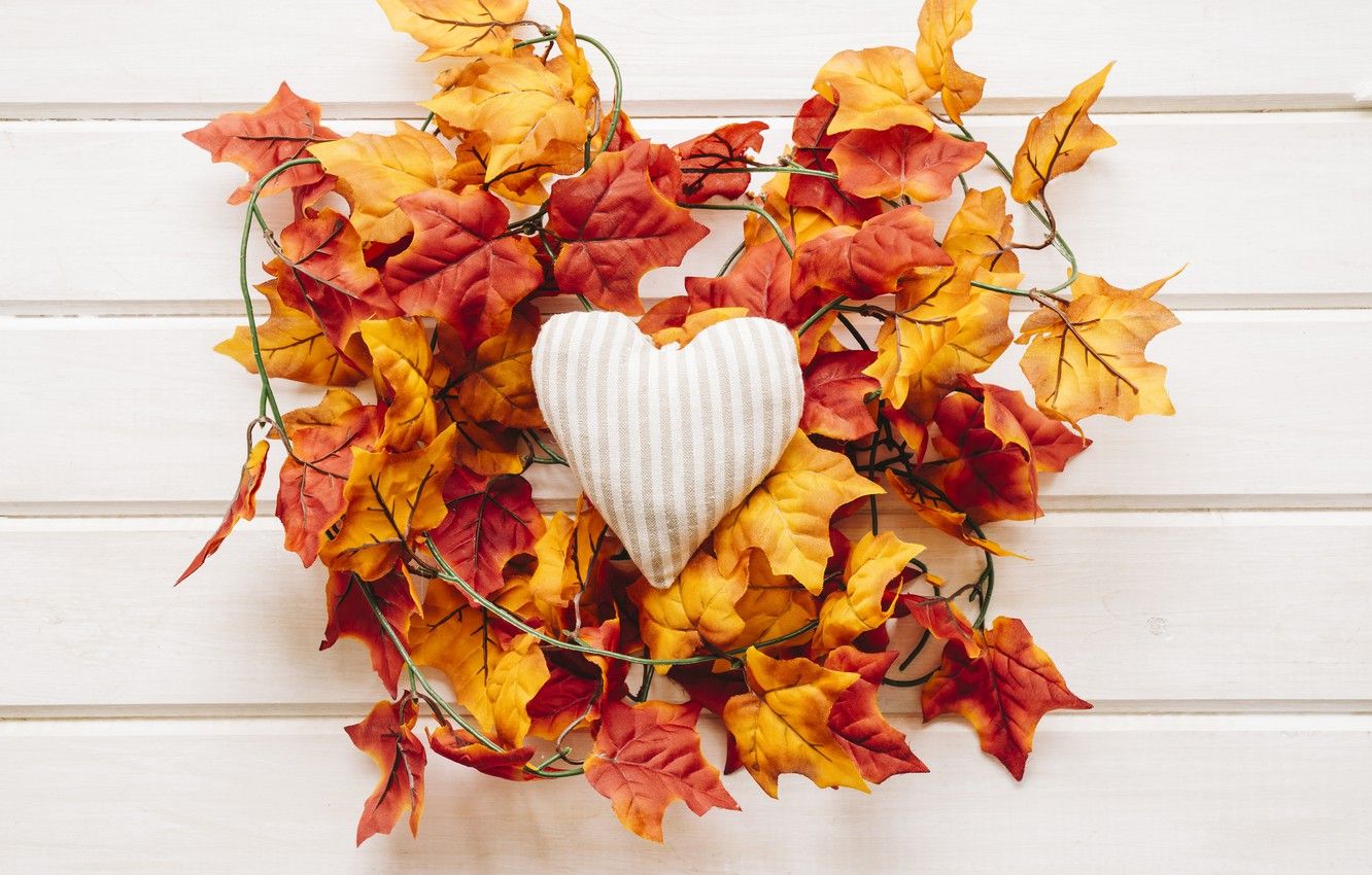 1332x850 Wallpaper autumn, leaves, love, background, tree, heart, colorful on WallpaperBat
