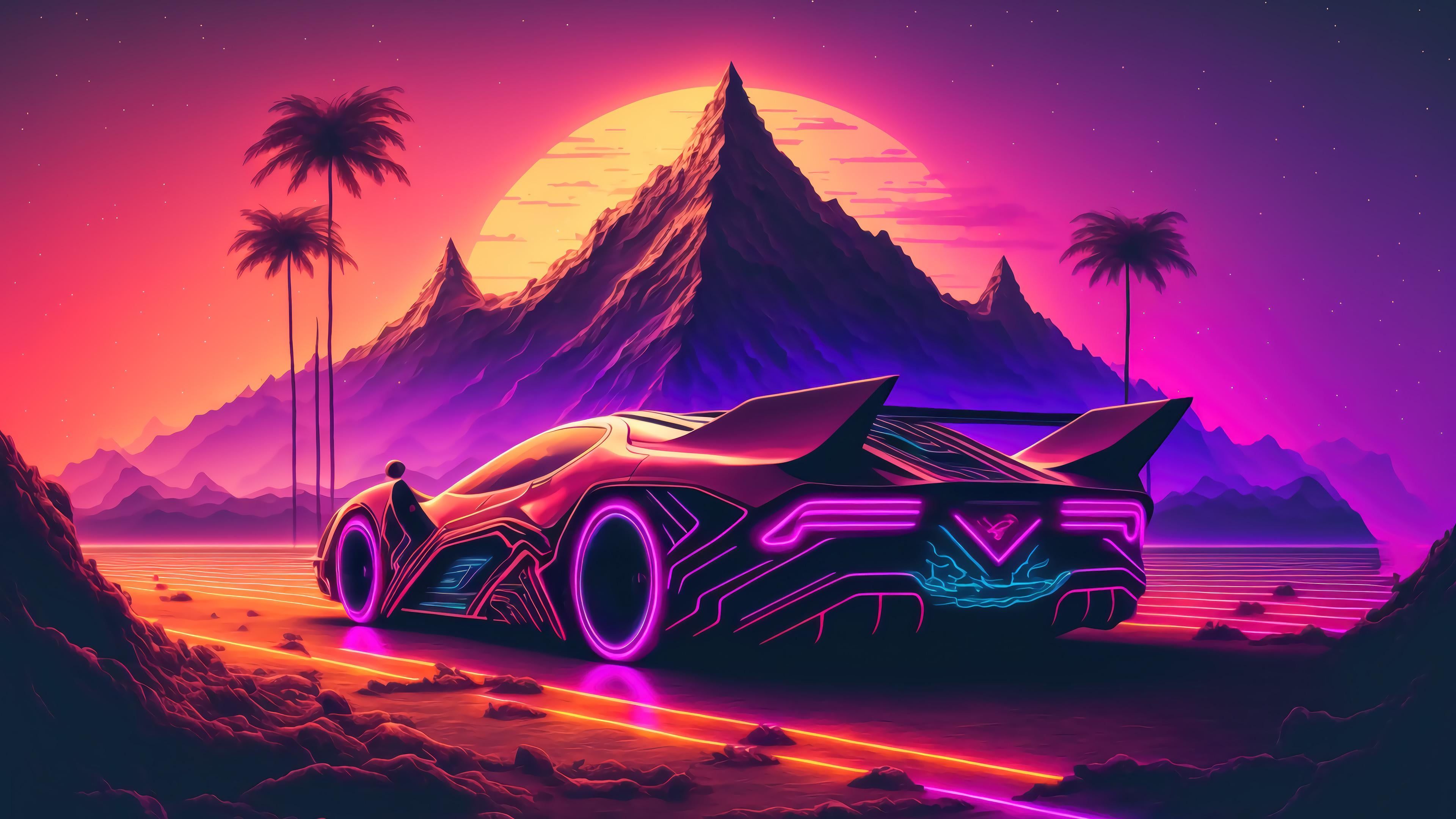 3840x2160 Futuristic Sports Car Sunset Scenery ... Wallpaper