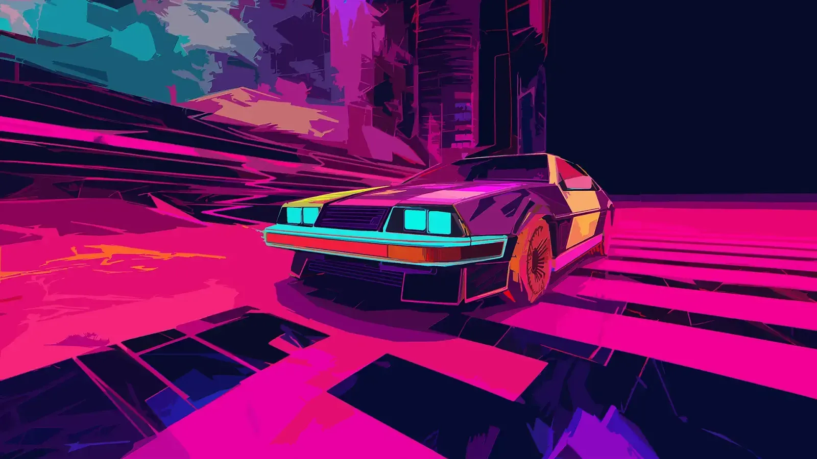 1600x900 Neon Retro Sports Car Cyber City ... Wallpaper