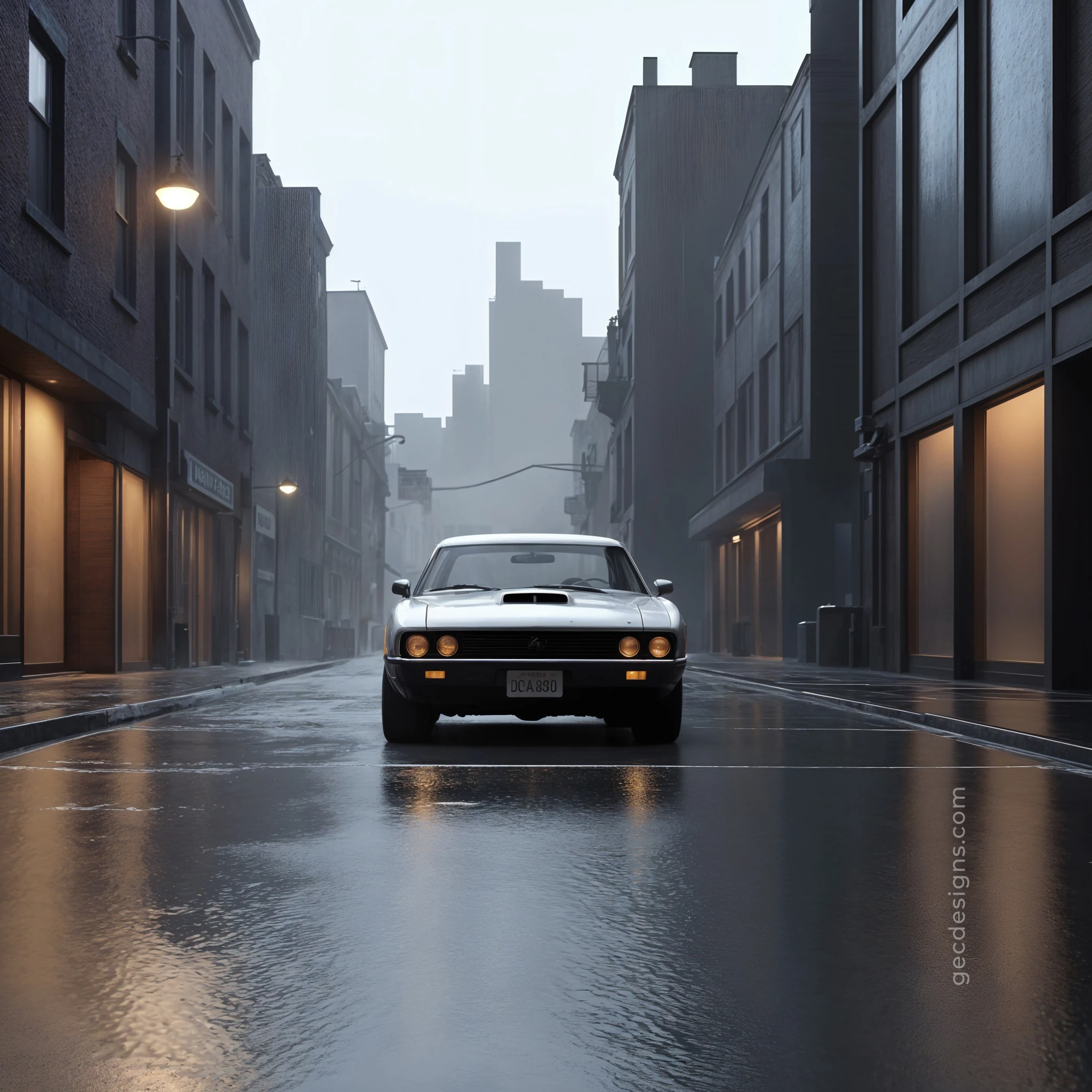 2048x2048 Car in rainy dark city street digital ... Wallpaper