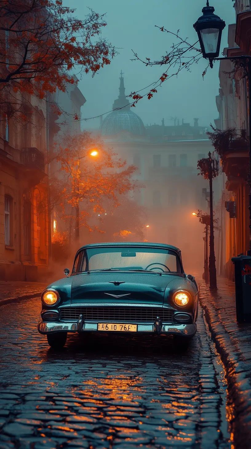 816x1456 Classic Car in Misty Morning ... Wallpaper