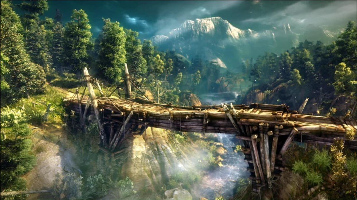 1244x700 The Witcher 2 Assassins of Kings bridge river forest mountain ... Wallpaper