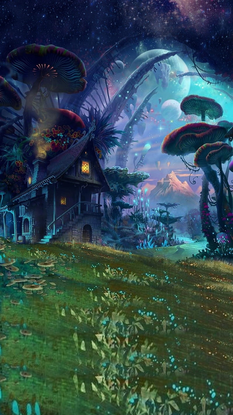 800x1422 Fantasy world, hous, mushrooms, planets ... Wallpaper