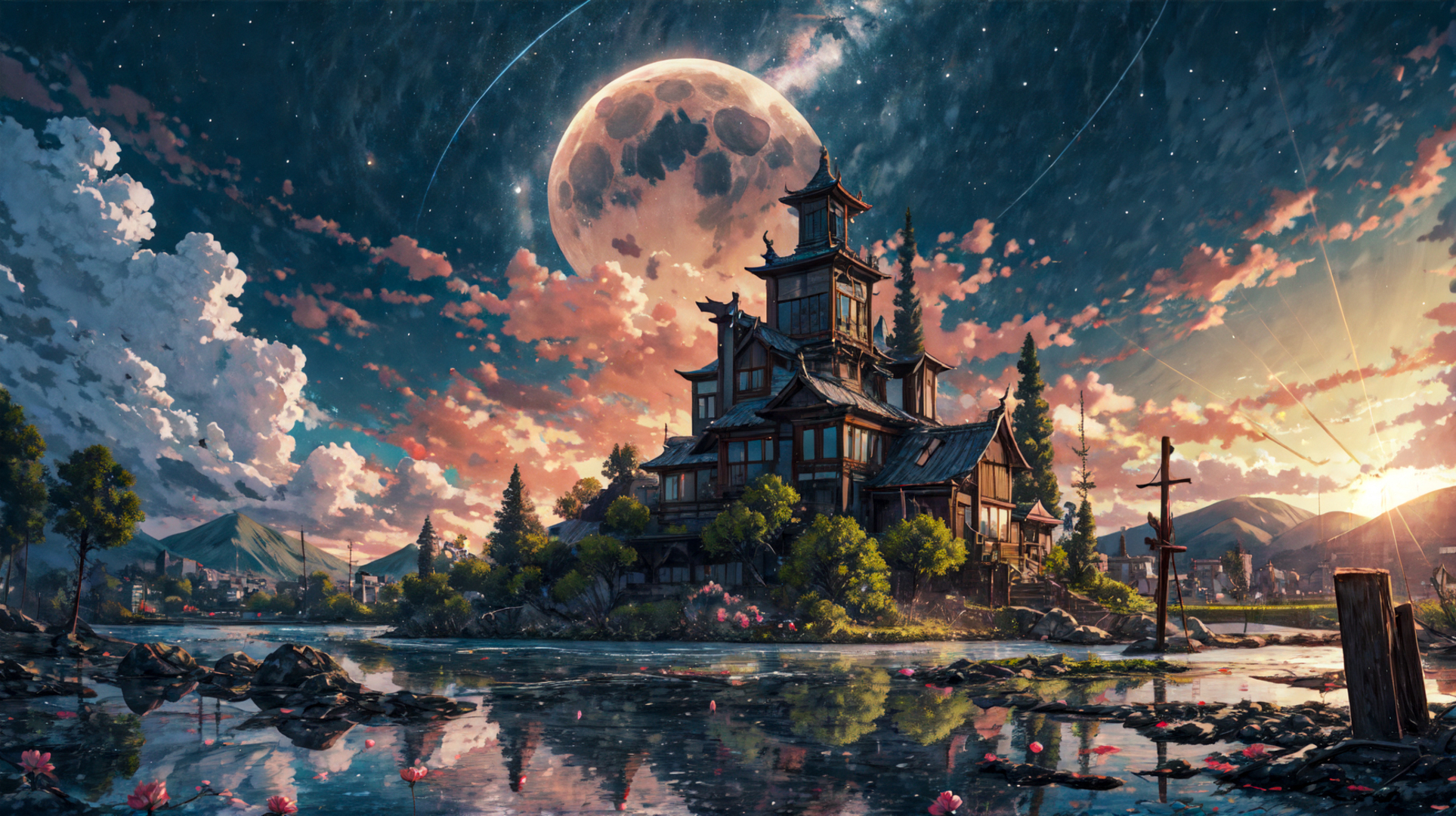 1927x1080 Fantasy Castle HD Moon Ai 2023 Art ... Wallpaper