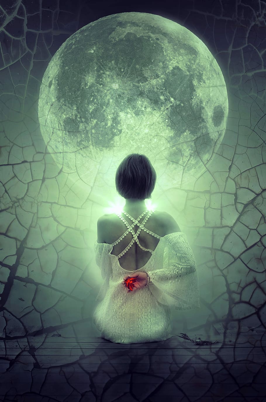 910x1374 woman looking on moon digital wallpaper ... Wallpaper