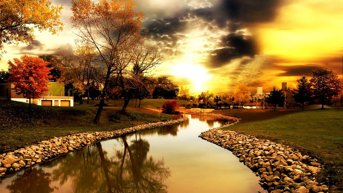 1366x768 Free download HQ Autumn river sunset Wallpaper HQ Wallpaper.