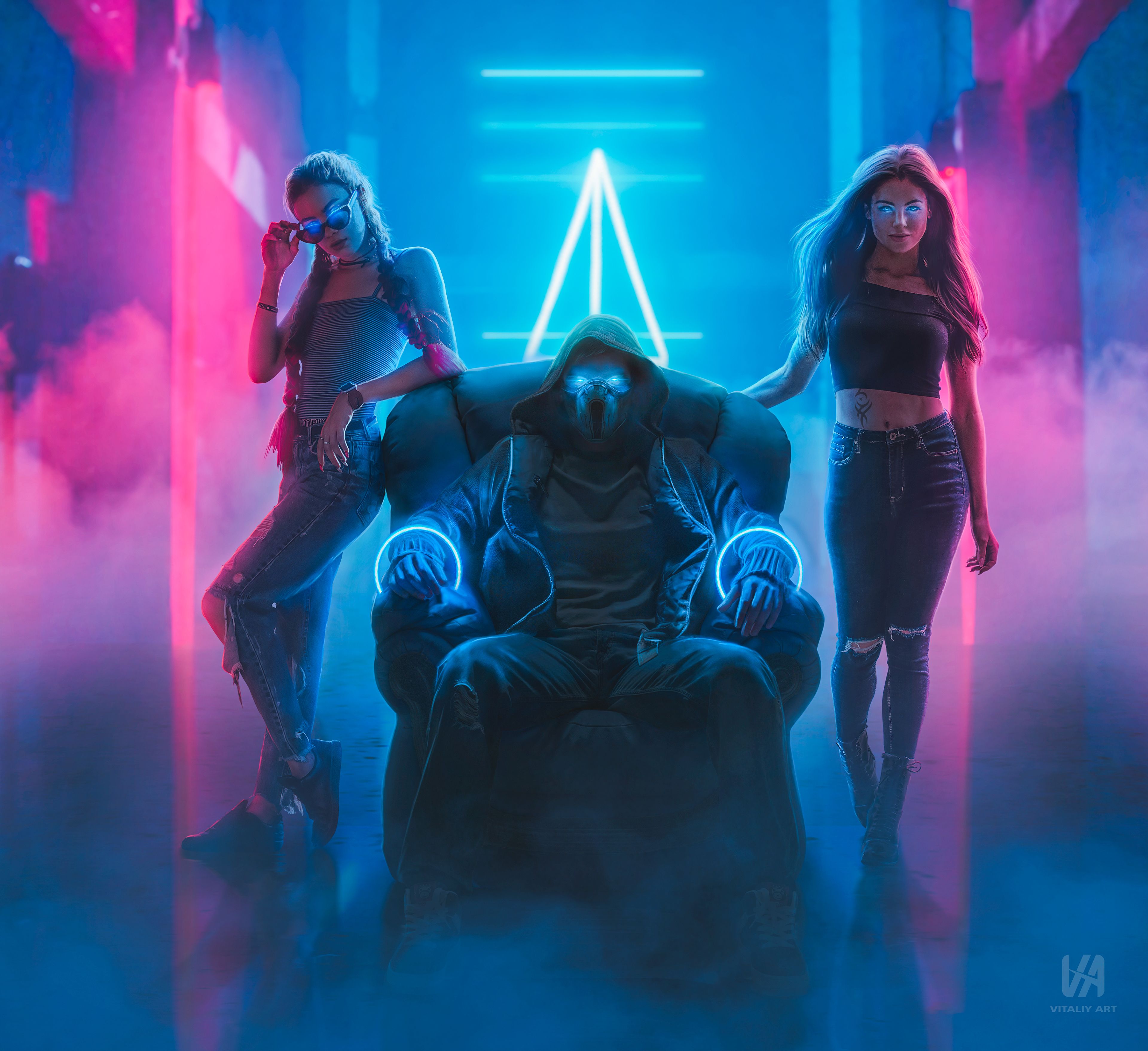 3840x3515 Wallpaper Cyberpunk, Night club, Neon, Girls, 4K, Photography ... Wallpaper