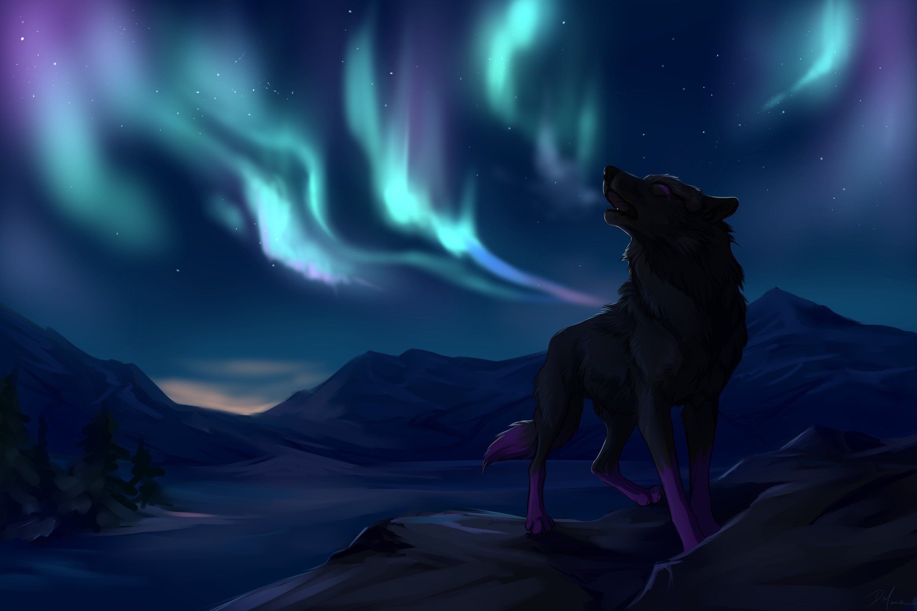3000x2000 Animated Wolf Wallpaper On Wallpaperplay - Wolf Northern Lights o...