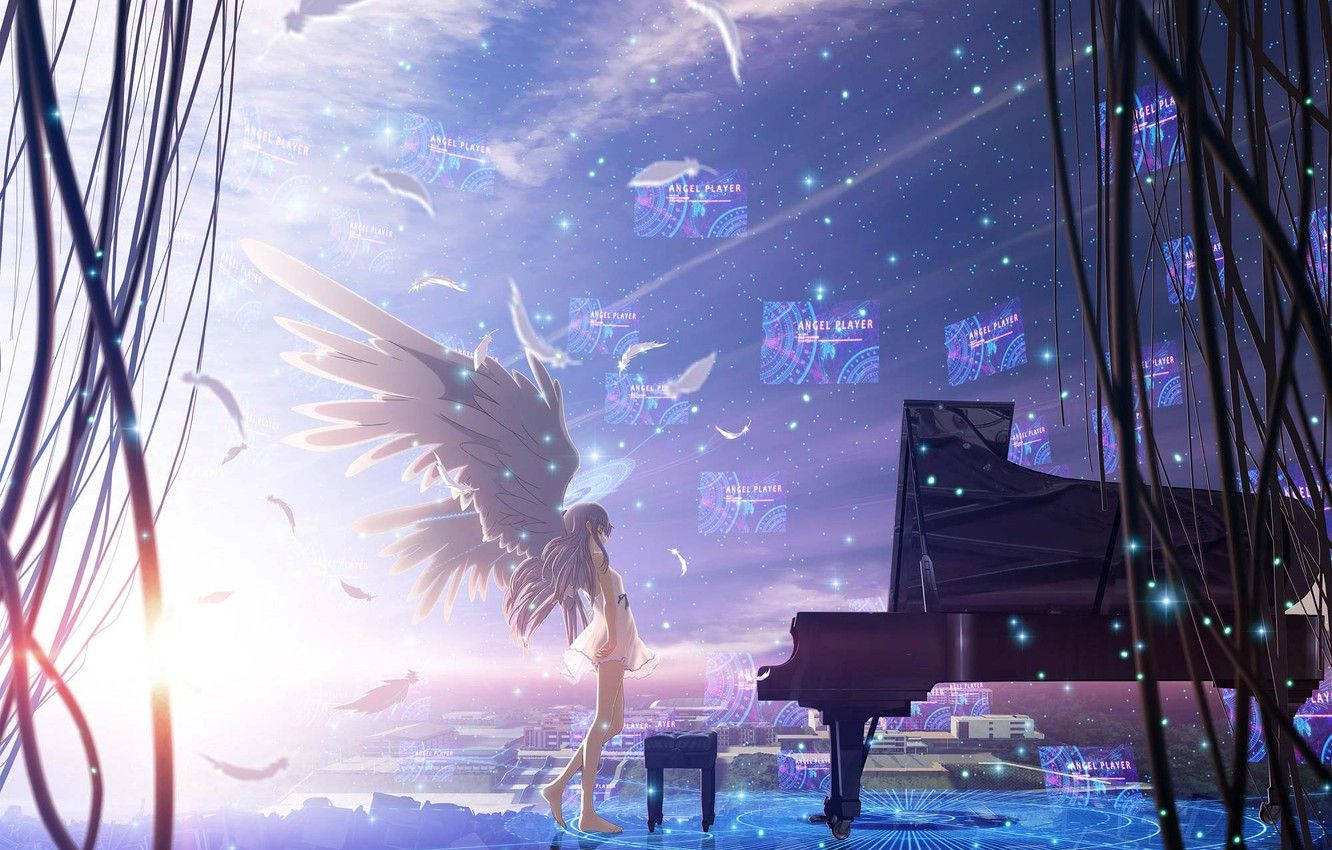 1332x850 Wallpaper the sky, girl, stars, the city, wire, home, wings, anime, feathers, piano, angel beats!, angel beats, kanade tachibana image for desktop, section прочее on WallpaperBat