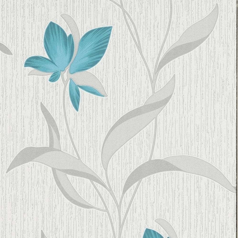 156163 Flower   Floral Textured Glitter White Teal Silver Vinyl 