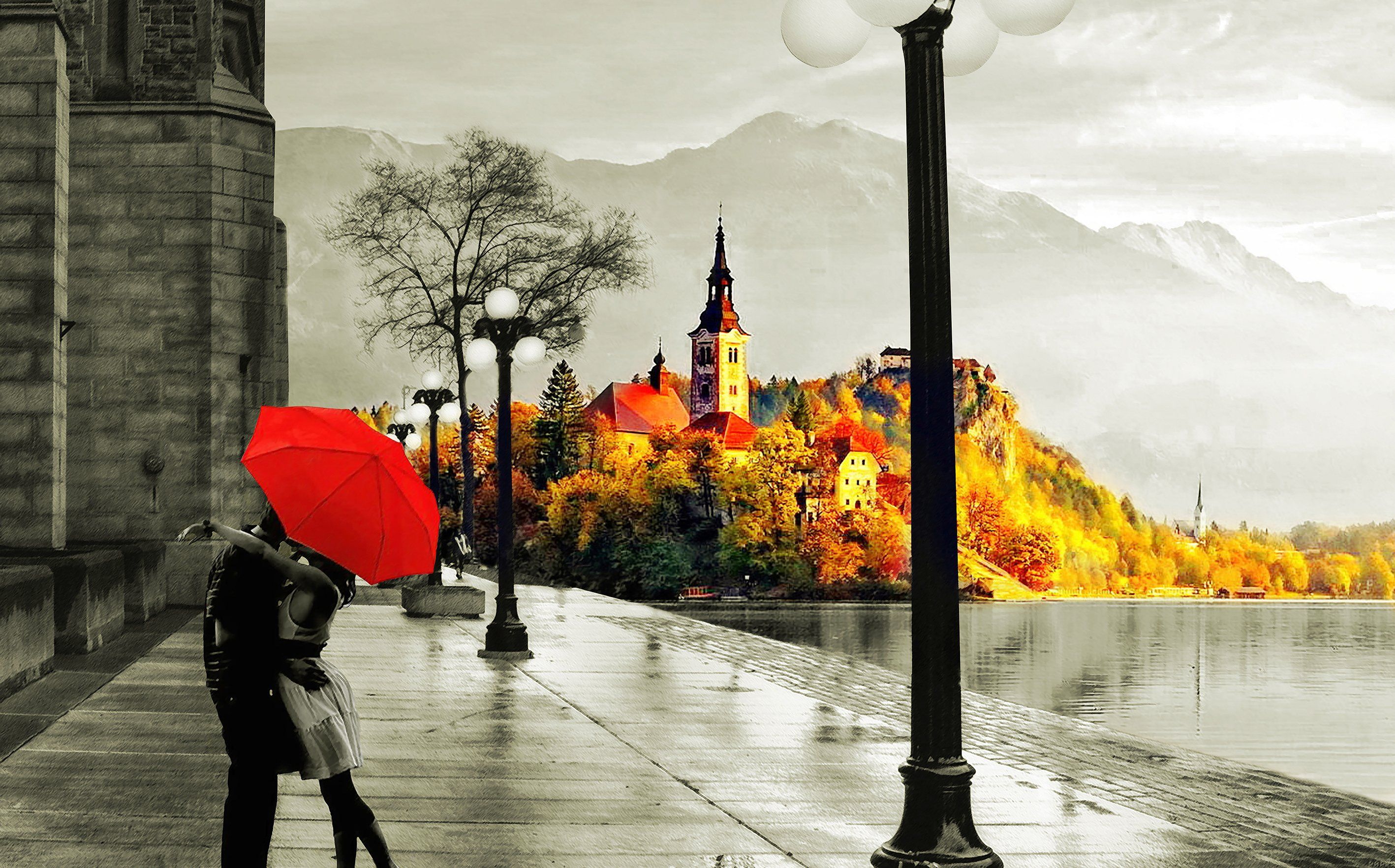 2835x1765 love, Autumn, Rain, Kiss, Lake, Wet, Street, Umberella Wallpaper on WallpaperBat