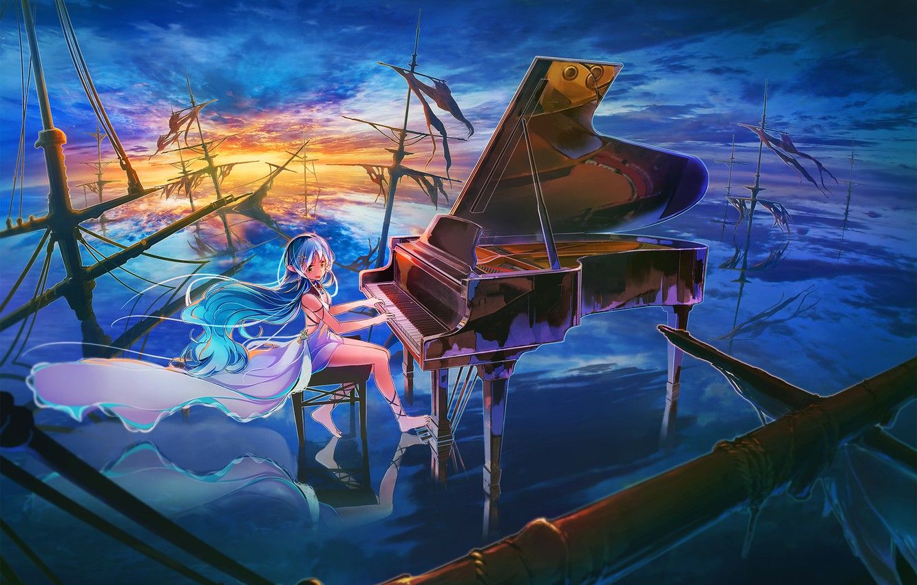 1332x850 Wallpaper the sky, girl, clouds, sunset, ships, anime, piano, art, mast, inzanaki image for desktop, section прочее on WallpaperBat