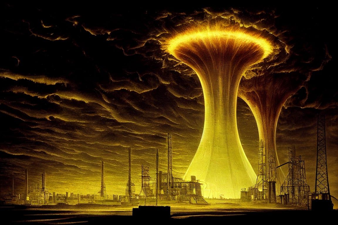 1152x768 prompthunt: alien nuclear power plant, radioactive, glowing, by h.r. giger,  cinematic, dramatic lighting Wallpaper