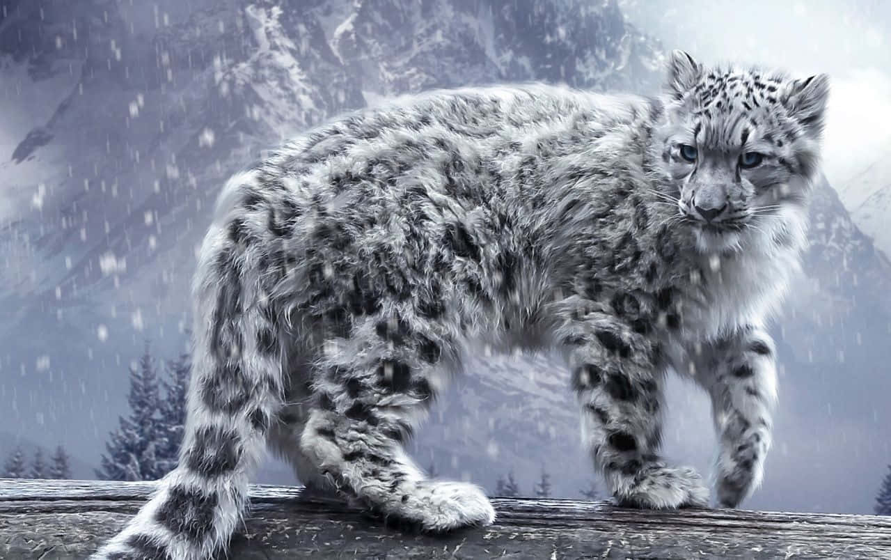 A 4K ultra HD mobile wallpaper depicting a graceful and elusive Snow  Leopard, with its thick fur and piercing blue eyes, perched on a rocky  ledge against the backdrop of a snow-capped