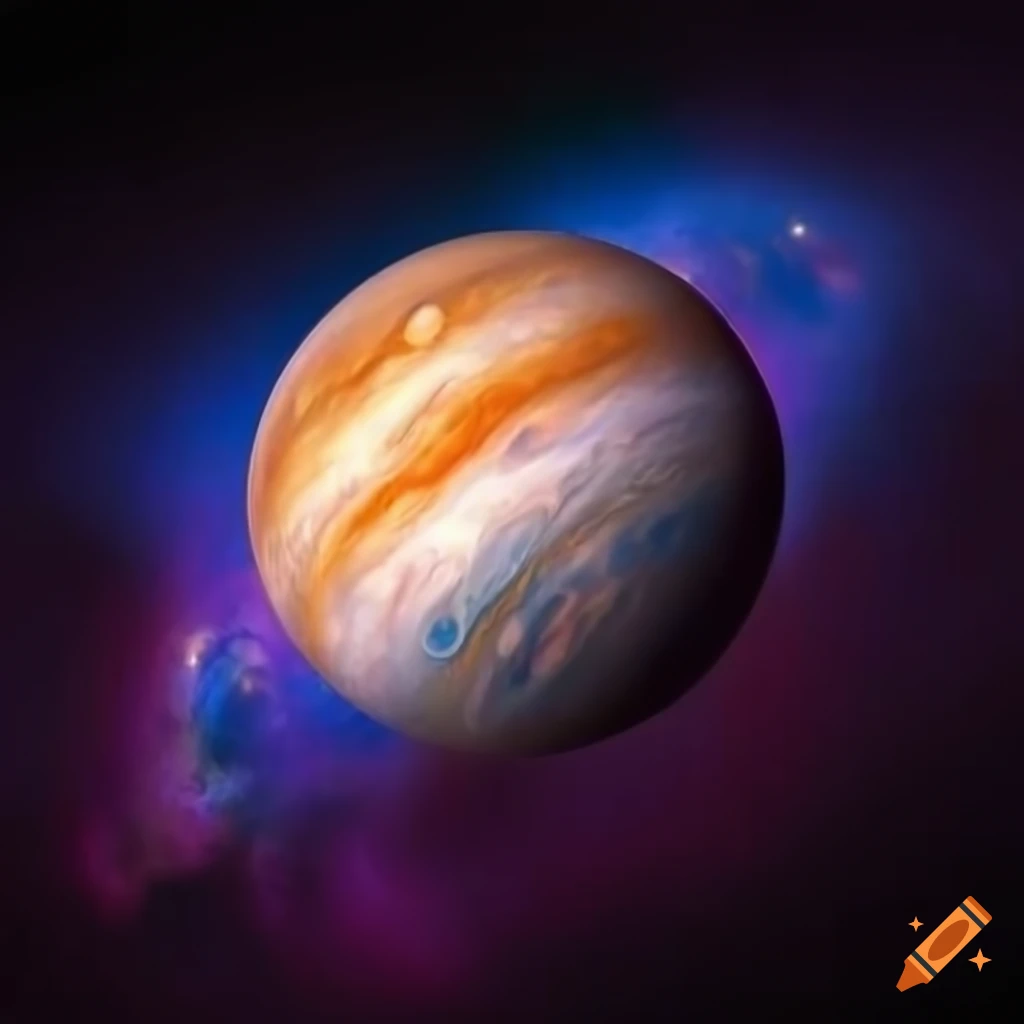 1024x1024 Colorful image of jupiter with its moons and a galaxy in the background Wallpaper