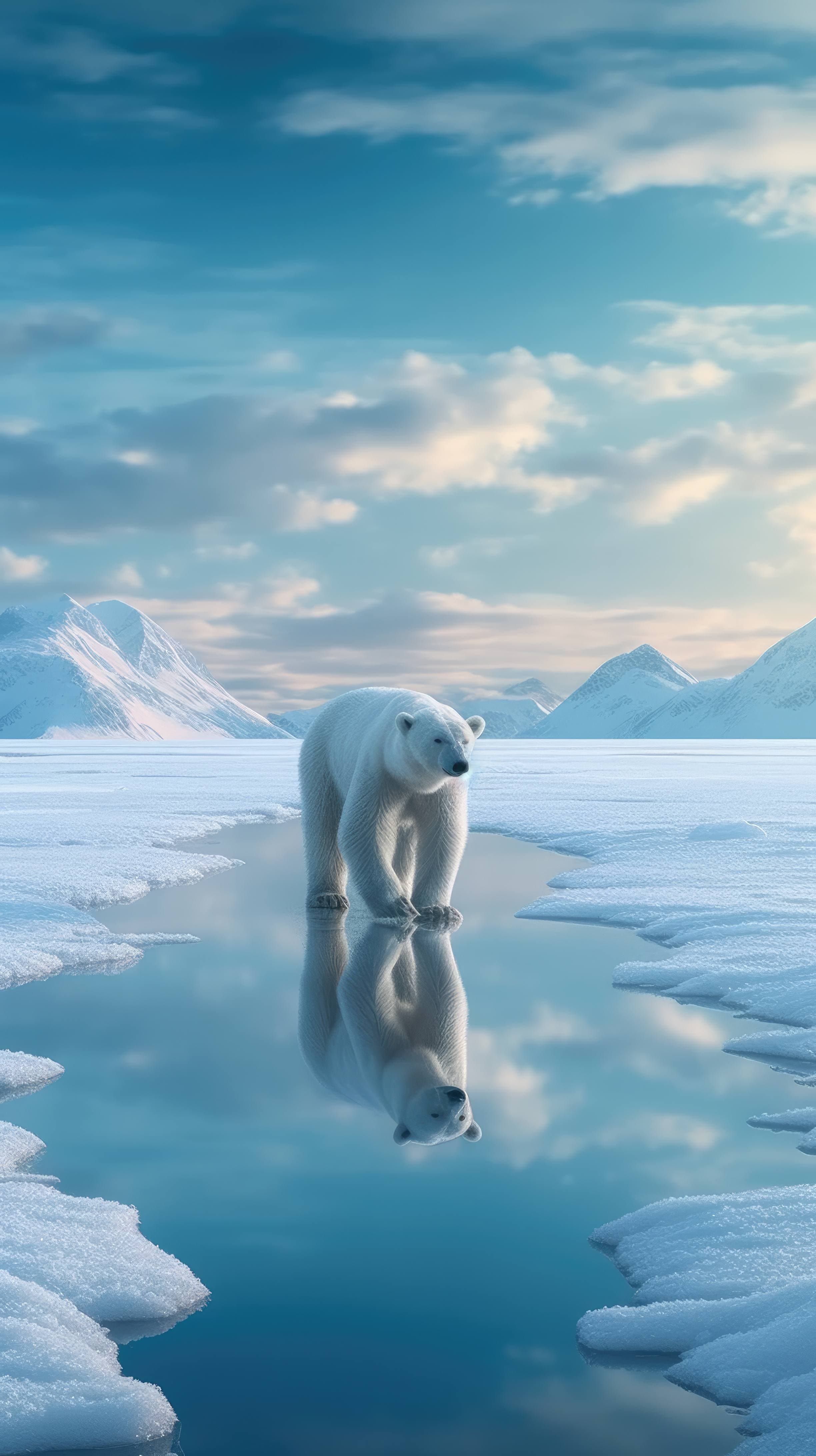 2448x4368 A 4K ultra HD mobile wallpaper featuring a stately Polar Bear, traversing the vast Arctic ice fields with its thick fur and powerful paws, embodying the strength and resilience of the frozen on WallpaperBat