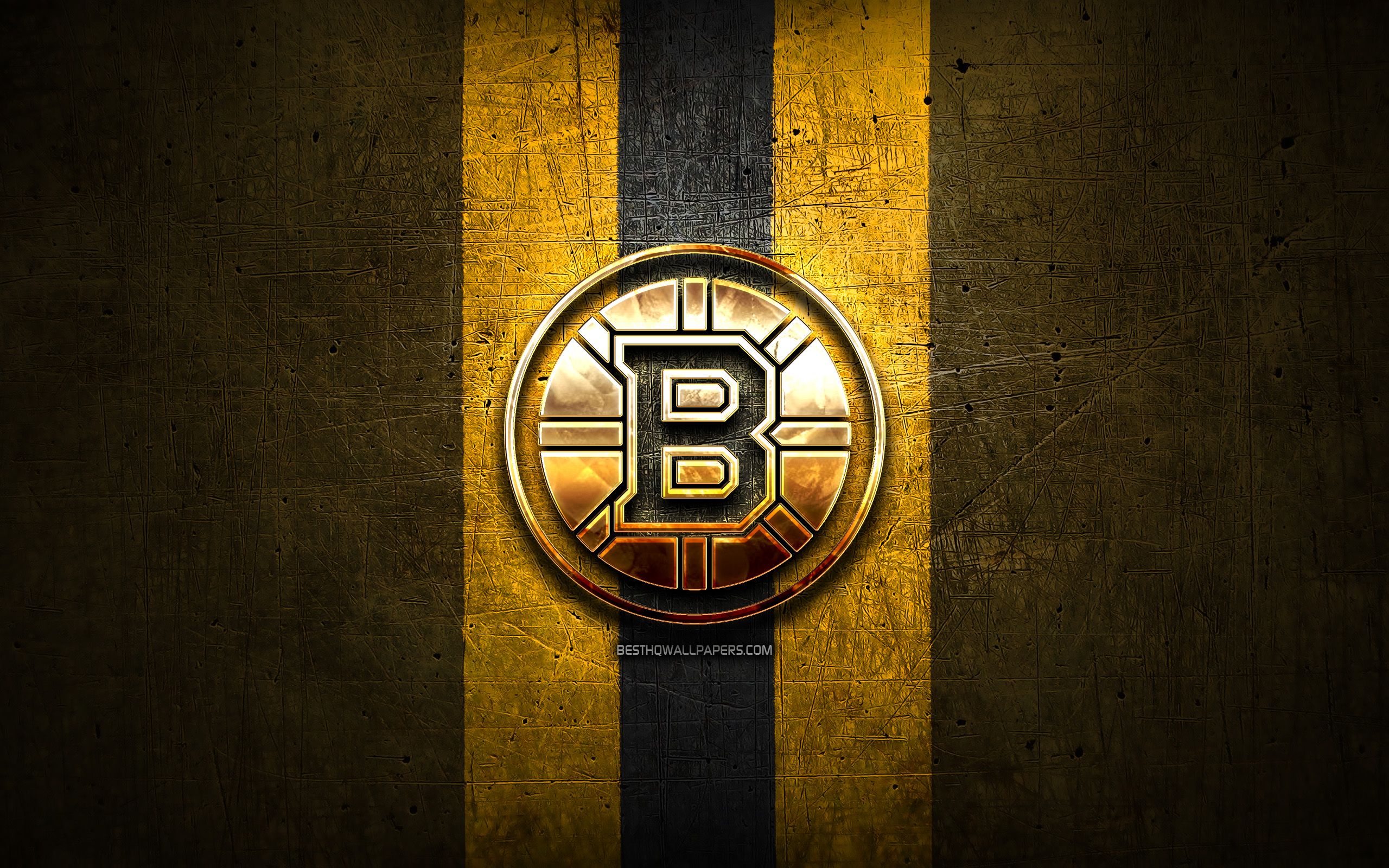 2560x1600 Download wallpaper Boston Bruins, golden logo, NHL, yellow metal.