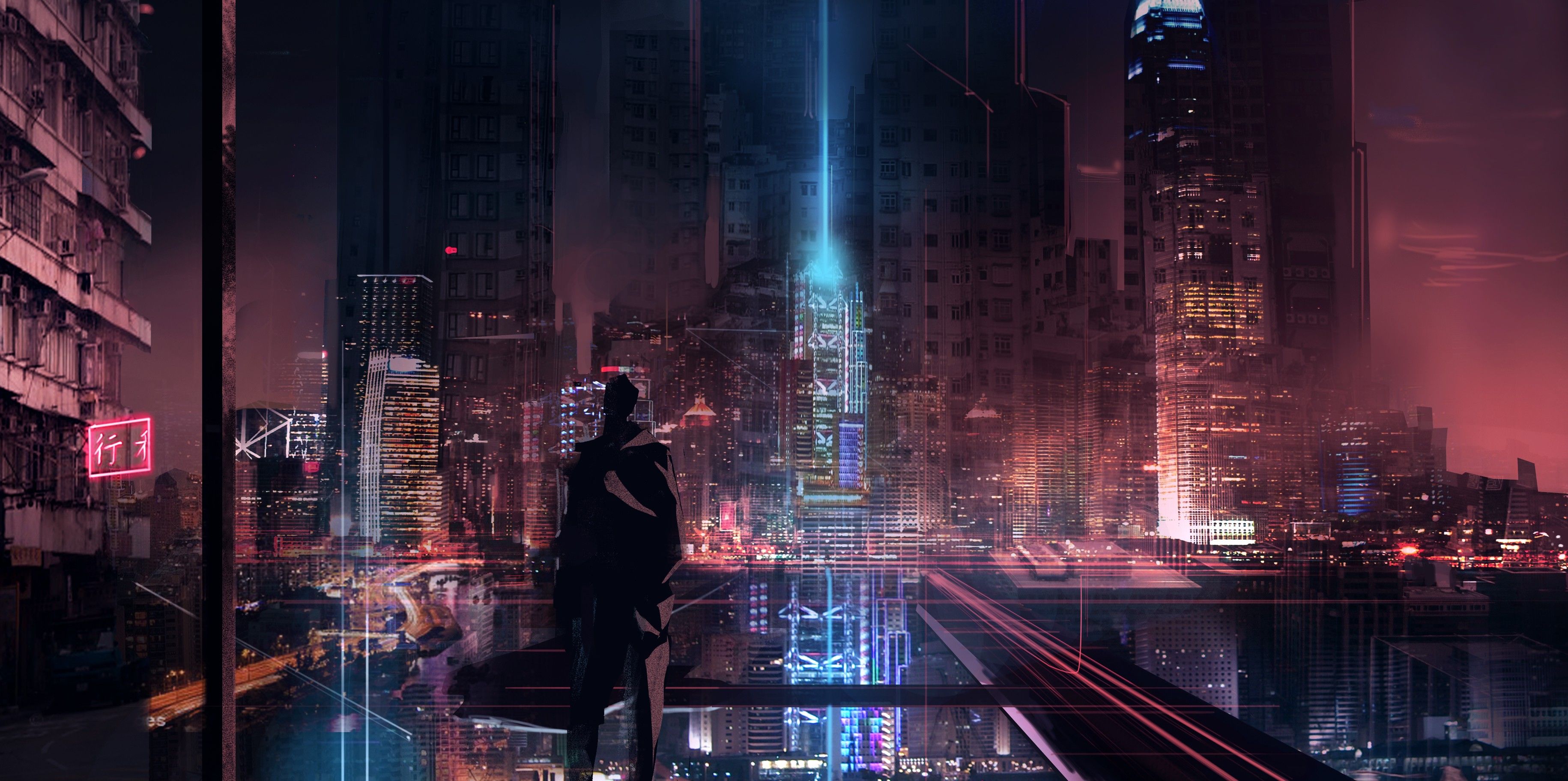 3661x1822 #cyberpunk, #skyscraper, #glowing, #futuristic city on WallpaperBat