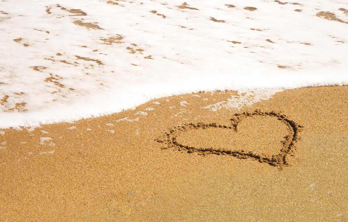 1332x850 Wallpaper sand, sea, wave, beach, summer, love, heart, summer on WallpaperBat