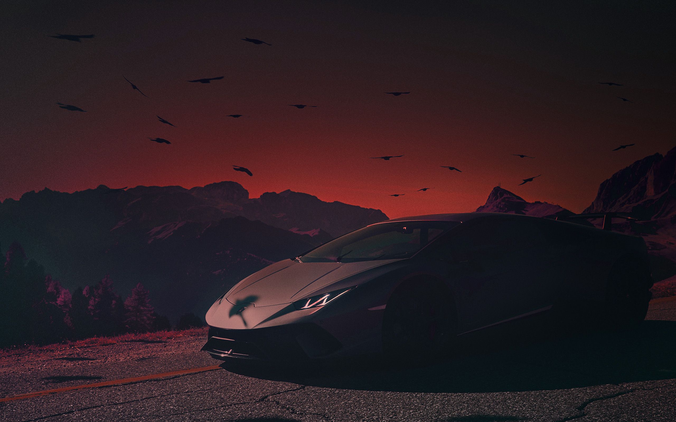 2560x1600 Car Lamborghini Dark Sunset Art Illustration Red Wallpaper on Wal...