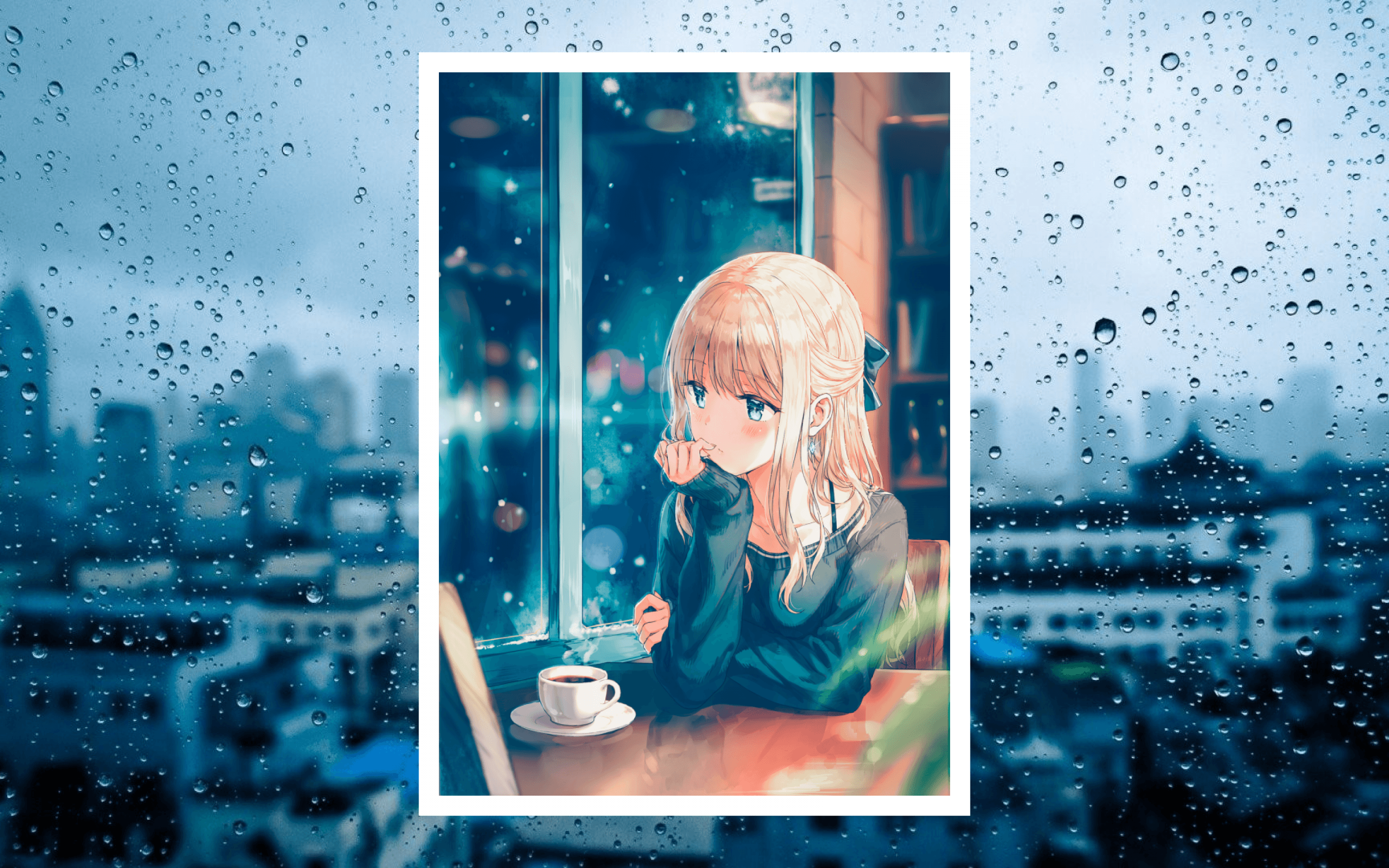 2880x1800 Download 2880x1800 Anime Girl, Window, Raining, Coffee, Blonde on WallpaperBat