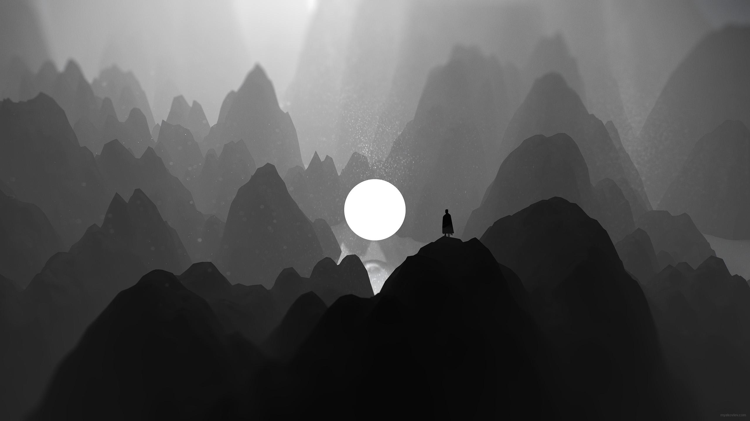 2560x1440 Artist Black And White Moon Man Standing On Mountain Artwork ... Wallpaper