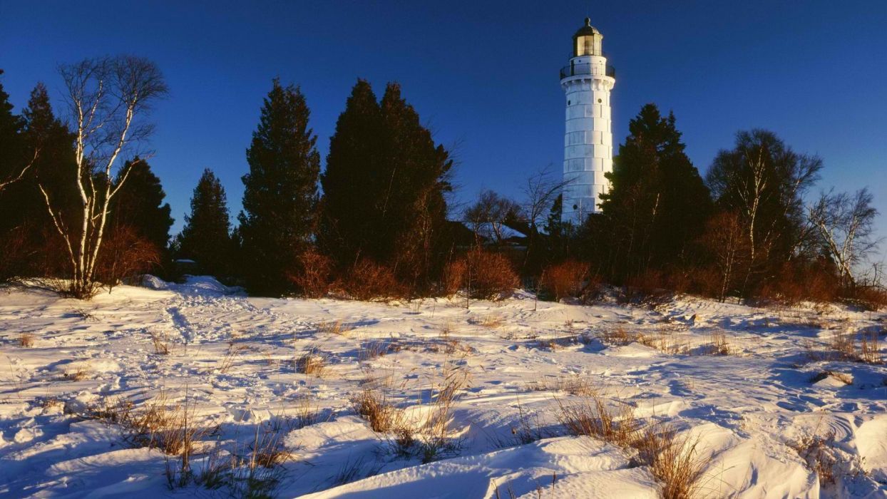 1244x700 Snow lighthouses islands Wisconsin Lake Michigan doors wallpaper ... Wallpaper