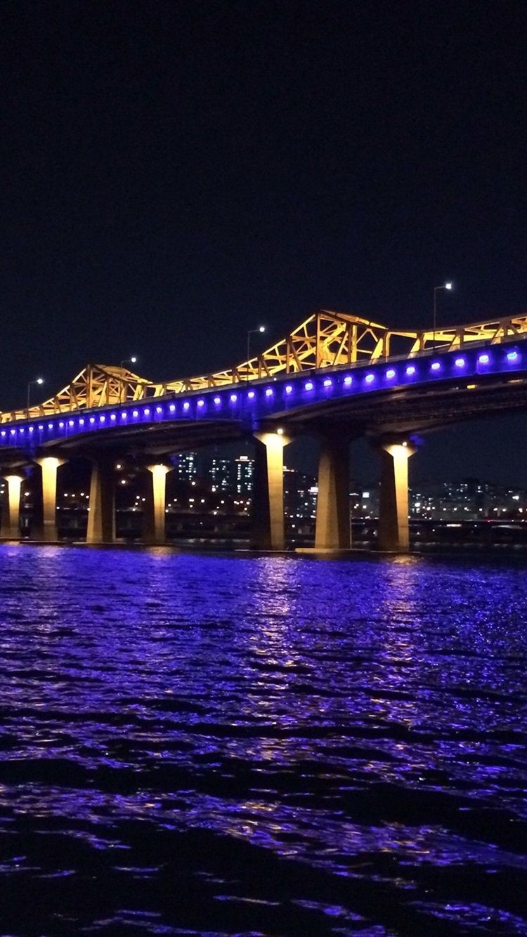 750x1334 Korea, Han River, bridge, blue illumination, night 750x1334 iPhone ... Wallpaper