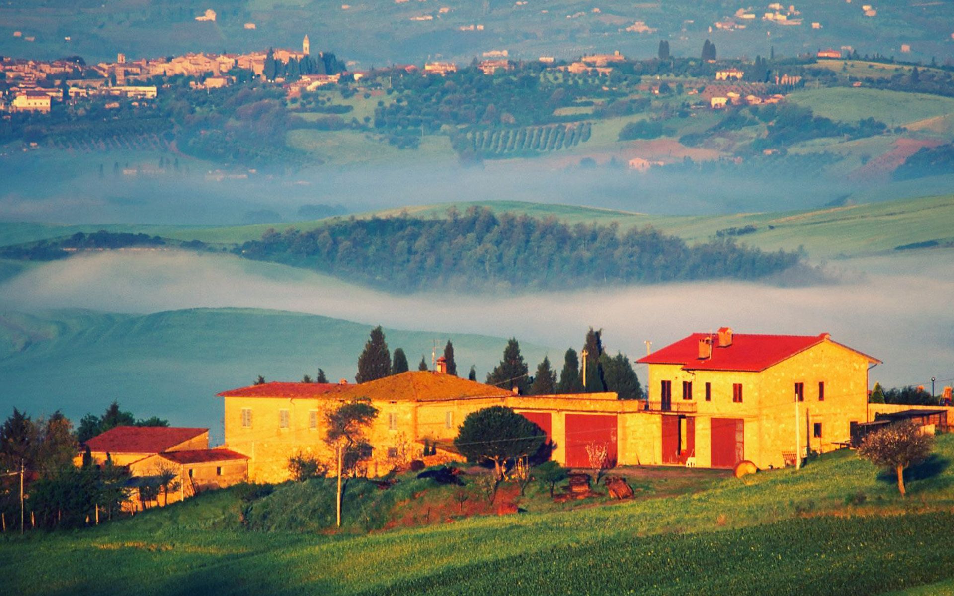 Тоскана 4. Тоскана. Итальянская деревня обои на рабочий стол. Village Tuscany Gold. Val d'Orcia.