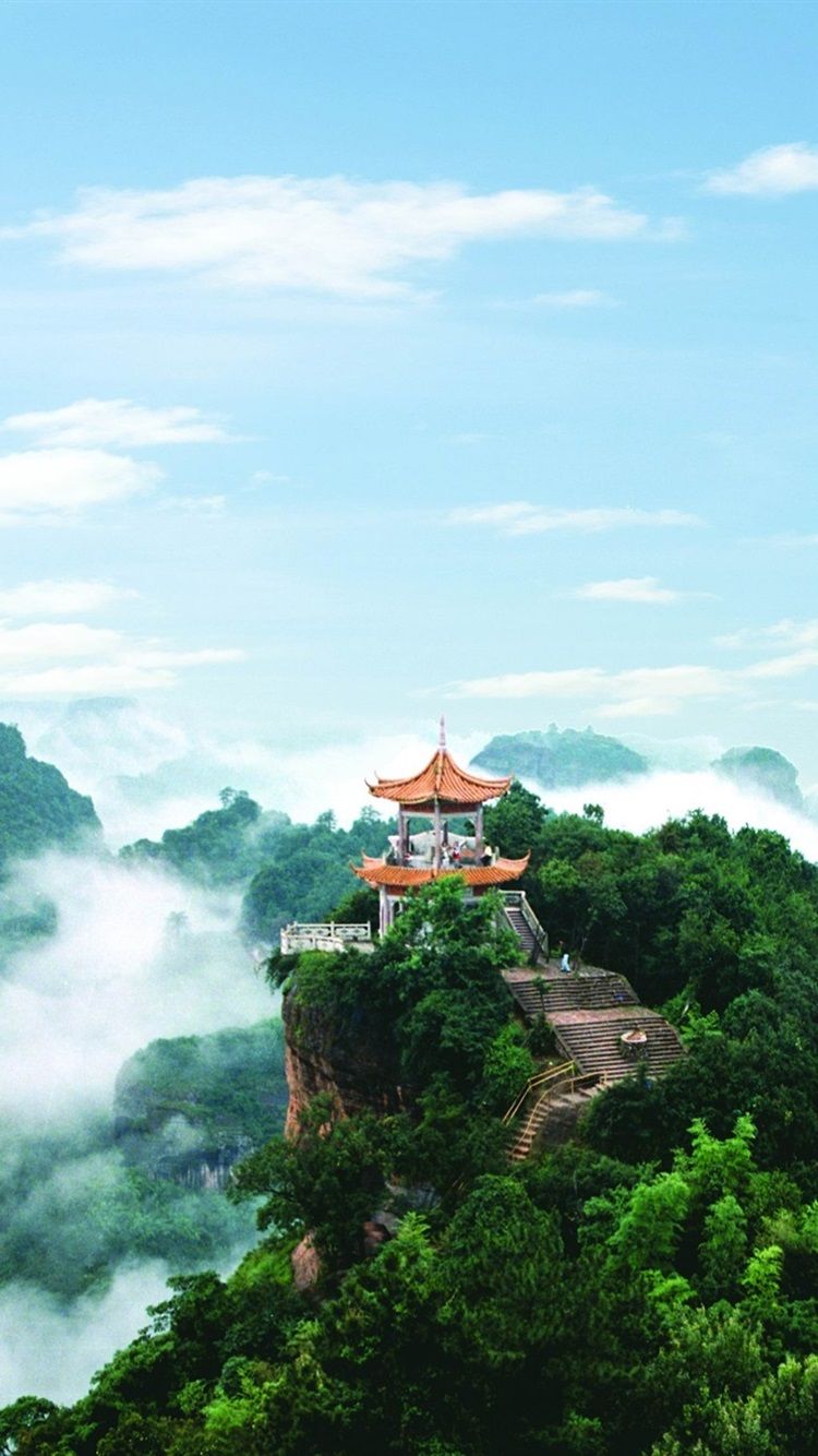 750x1334 Danxia Mountain beautiful scenery, pavilion, mountains, clouds ... Wallpaper