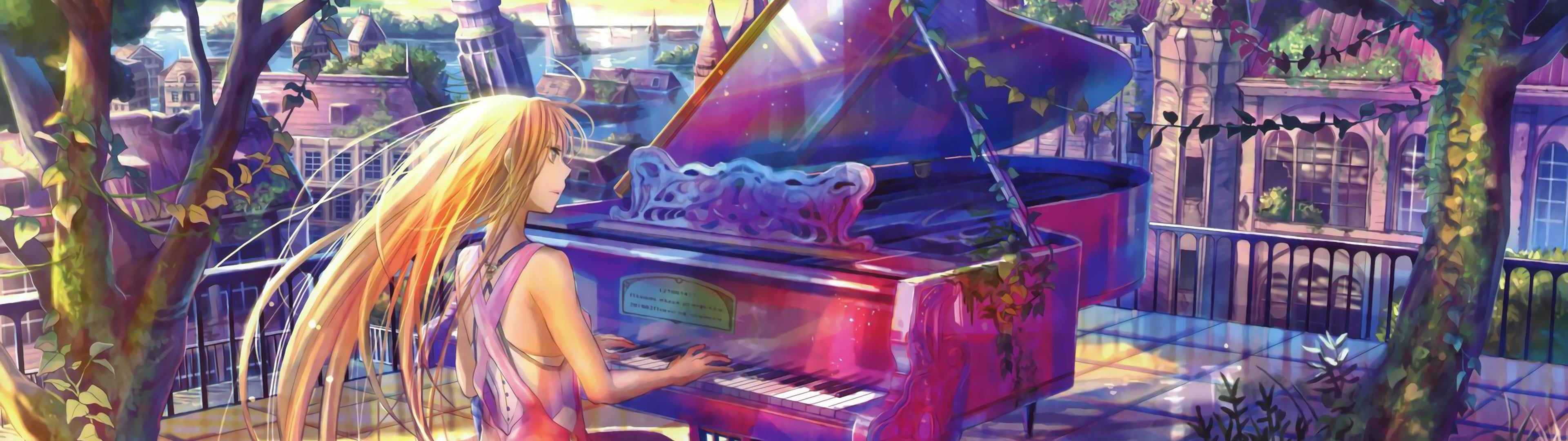 3840x1080 Female anime character with blonde hair playing the grand piano illustration HD wallpaper on WallpaperBat