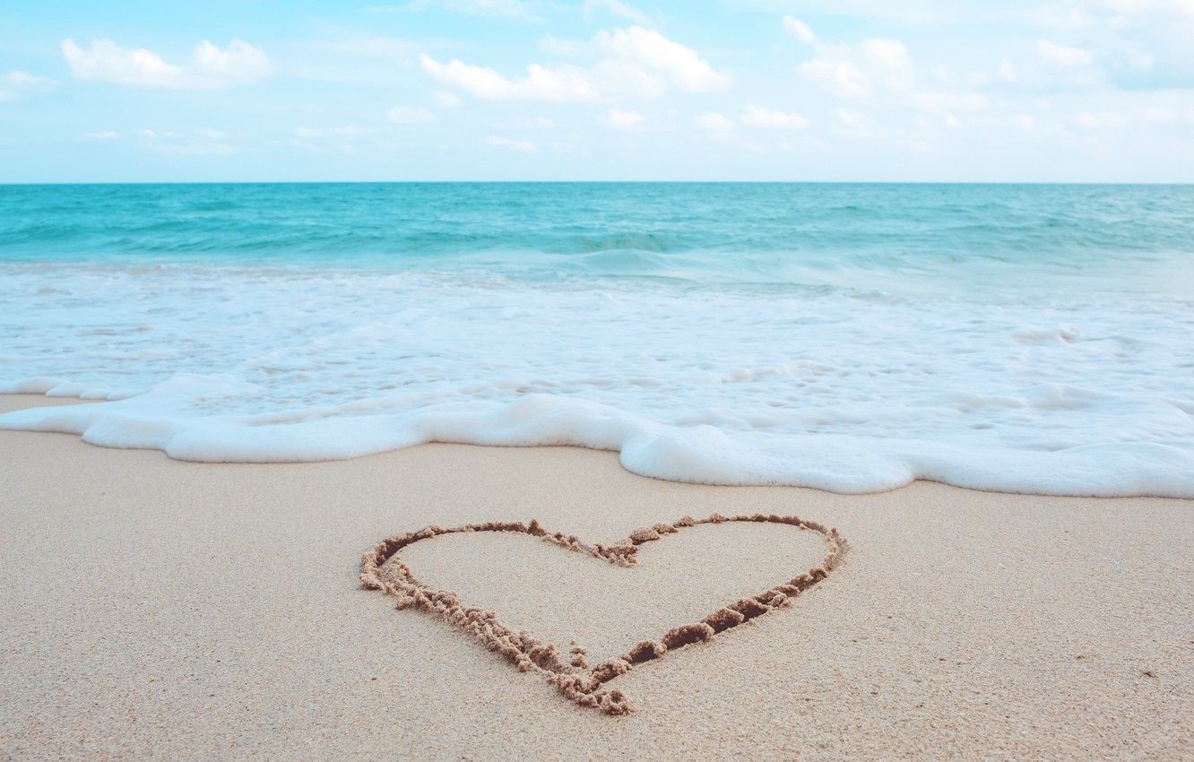 1332x850 Wallpaper sand, sea, wave, beach, summer, love, heart, summer on WallpaperBat
