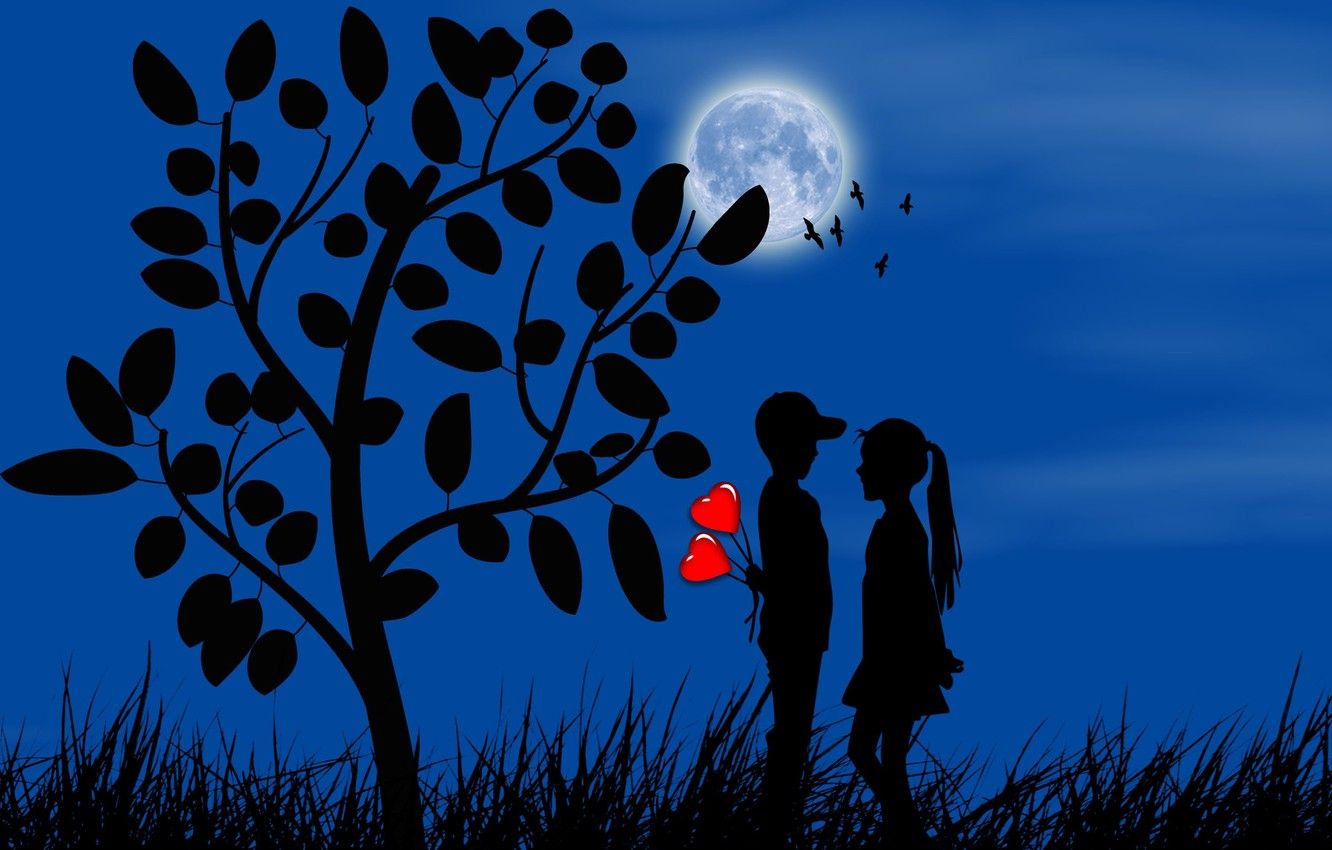 1332x850 Wallpaper the moon, romance, boy, girl, hearts, silhouettes, date on WallpaperBat