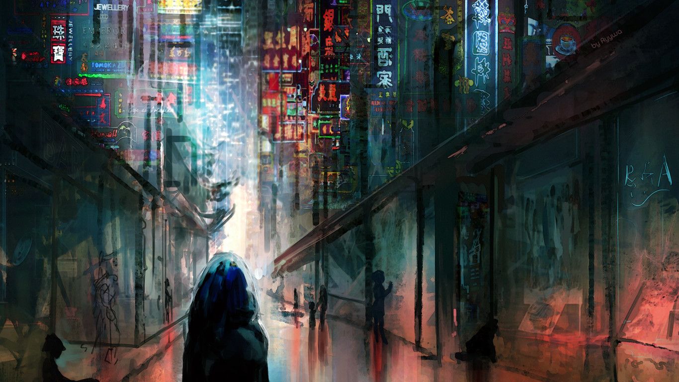 1366x768 Anime Cyberpunk Scifi City Lights Night Buildings on WallpaperBat