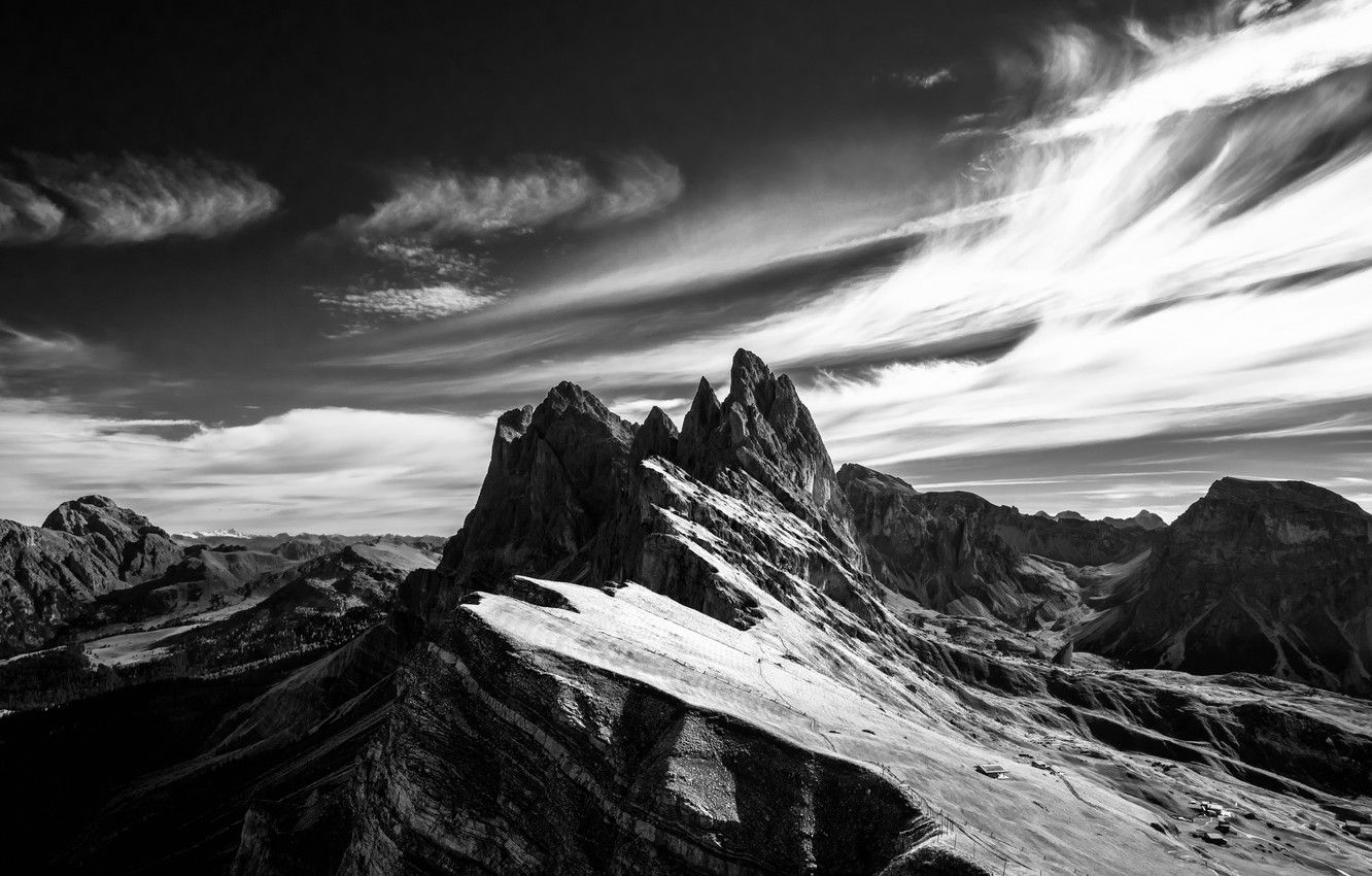 1332x850 Wallpaper the sky, clouds, snow, mountains, rocks, black and white ... Wallpaper