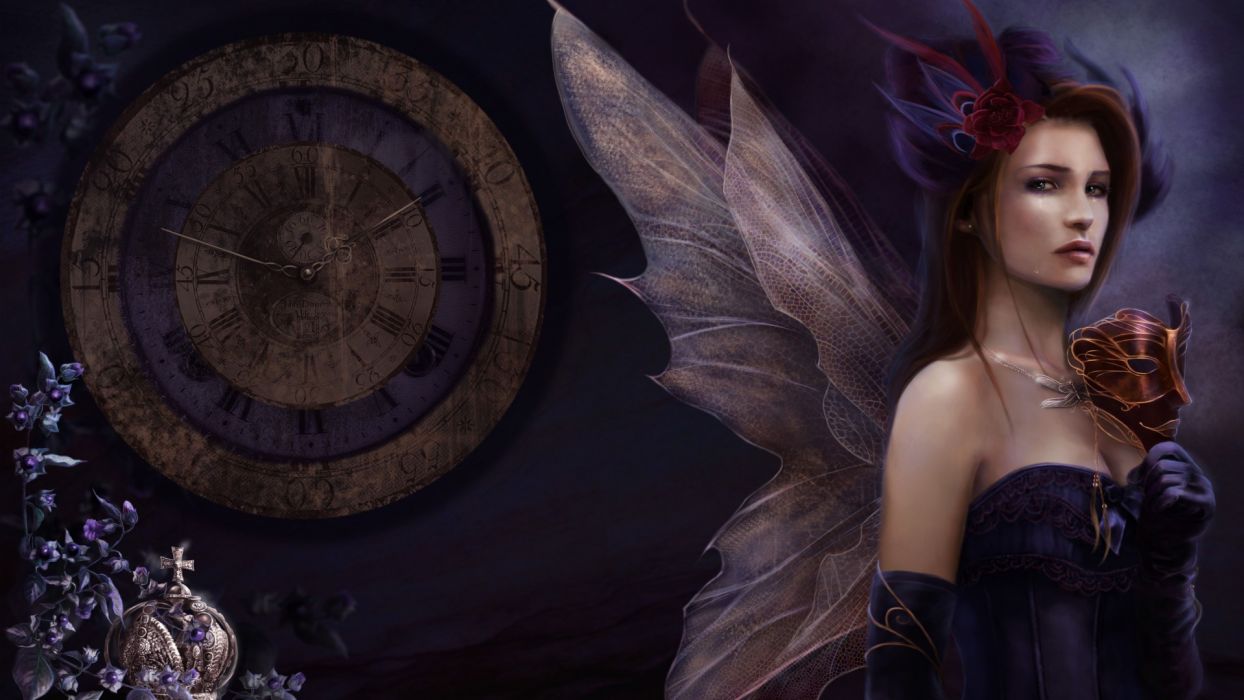 1244x700 Time clock watch mood dark fantasy art fairy wings mask gothic on ...