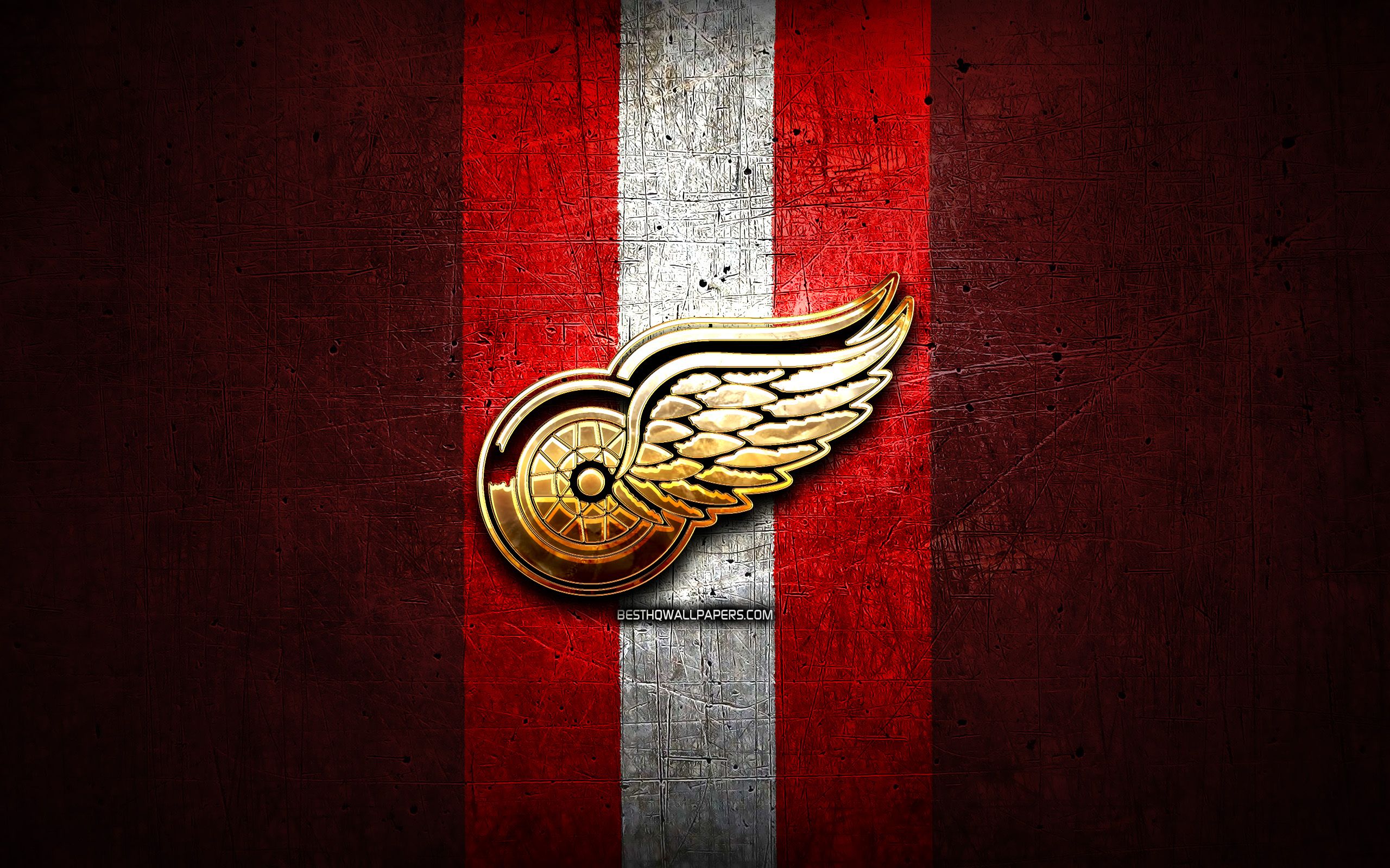 2560x1600 Detroit Red Wings, Golden Logo, Nhl, Red Metal Background on WallpaperBat