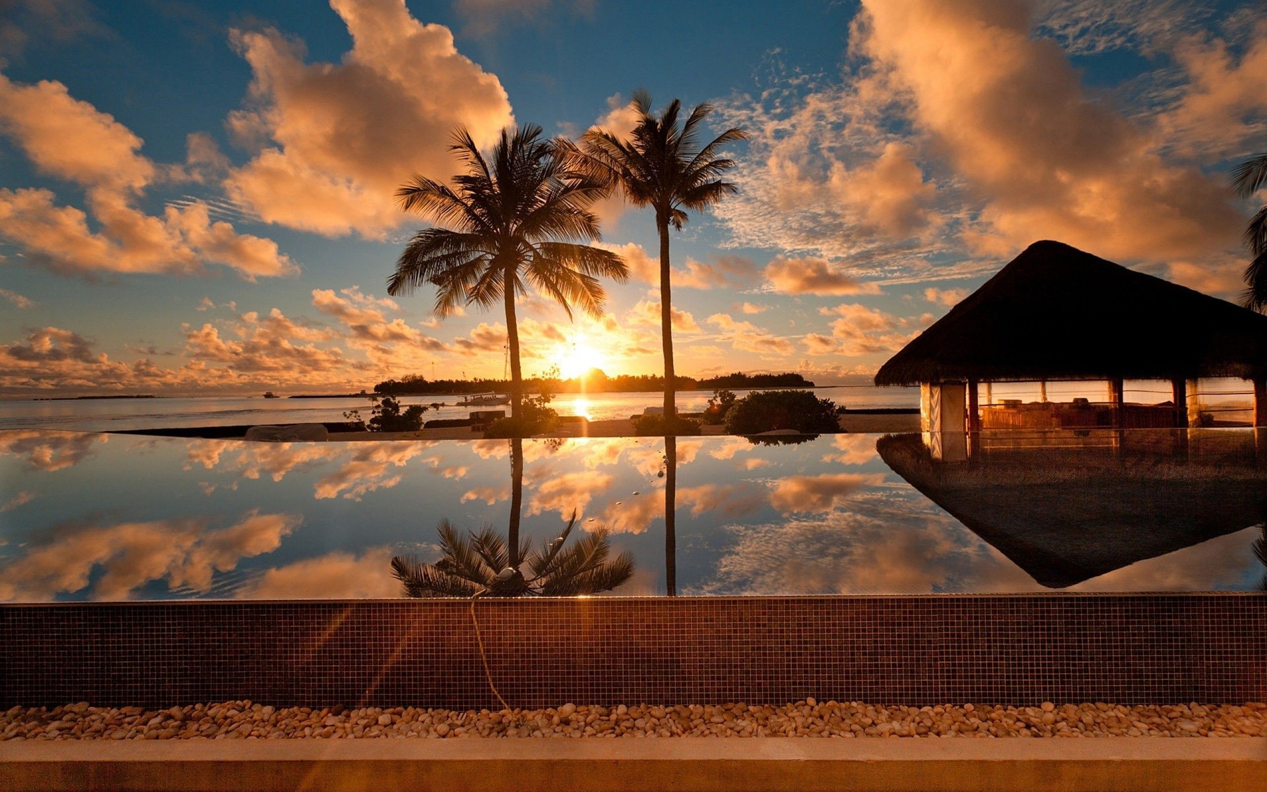 2560x1600 sunrise, houses, tropical, palm trees, swimming pools, reflections, sea, sunrise ocean wallpaper on WallpaperBat