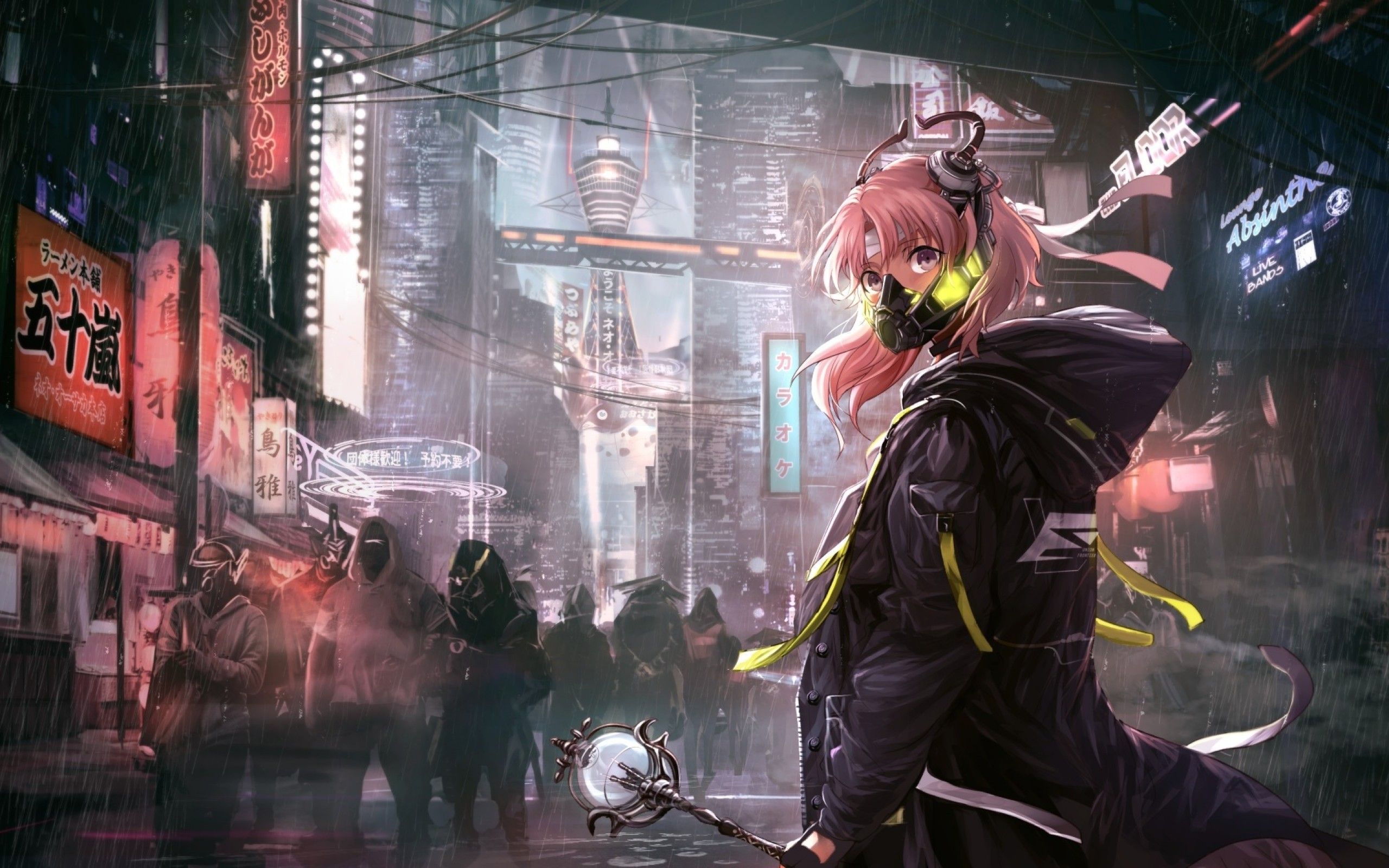 2560x1600 Download 2560x1600 Futuristic Anime City, Anime Girl, Hoodie, Riot on WallpaperBat