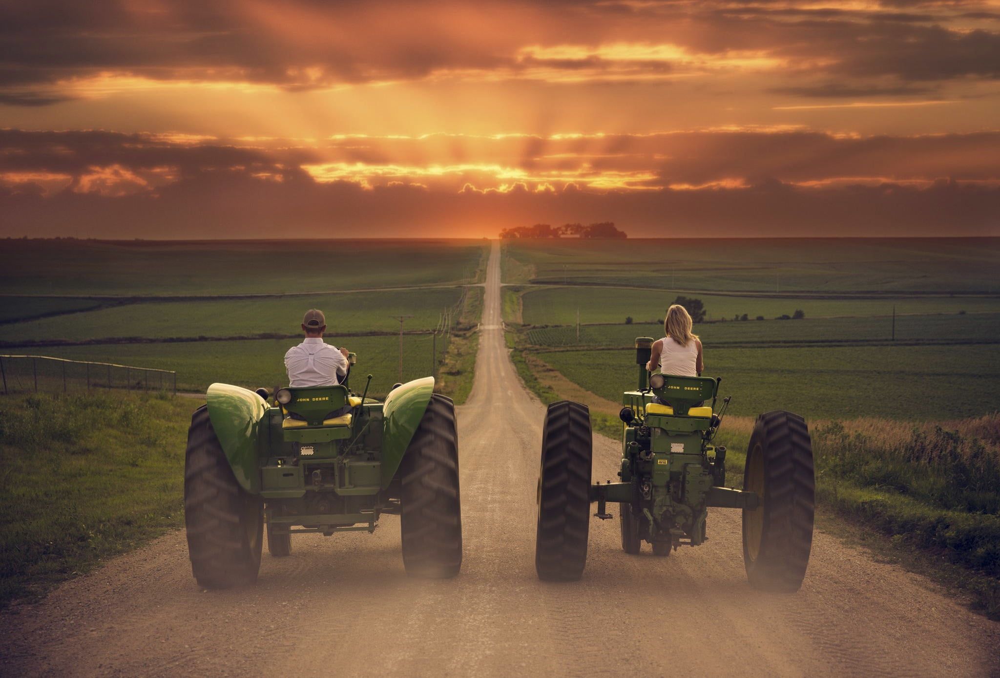 2048x1388 Two green John Deere tractors, landscape, field, tractors, vehicle ... Wallpaper