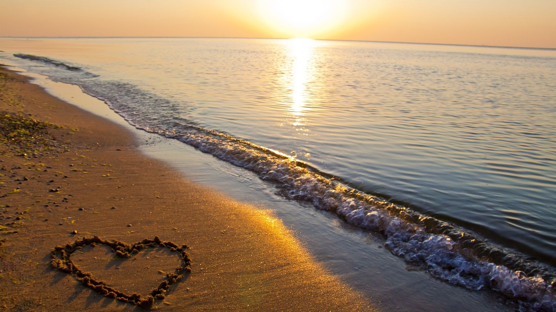 1920x1080 Sand beach, sea, sunset, love heart shaped Desktop Wallpaper on WallpaperBat