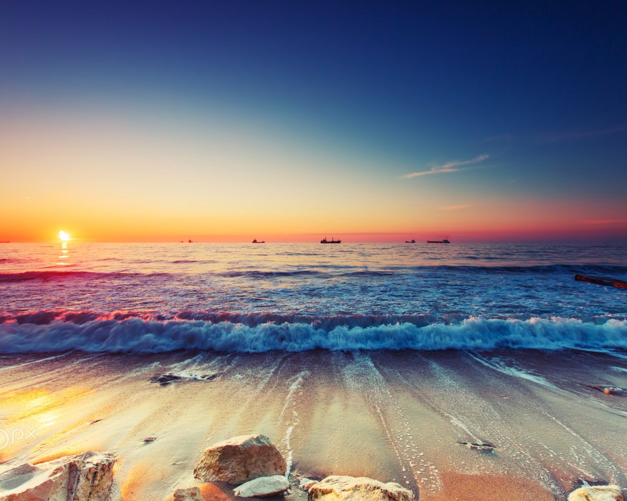 1280x1024 Sunrise Over The Horizon Sea Ships Sandy Beach Waves Beautiful Landscape Wallpaper For Desktop Mobile Phones And Laptops 3840x2400 on WallpaperBat