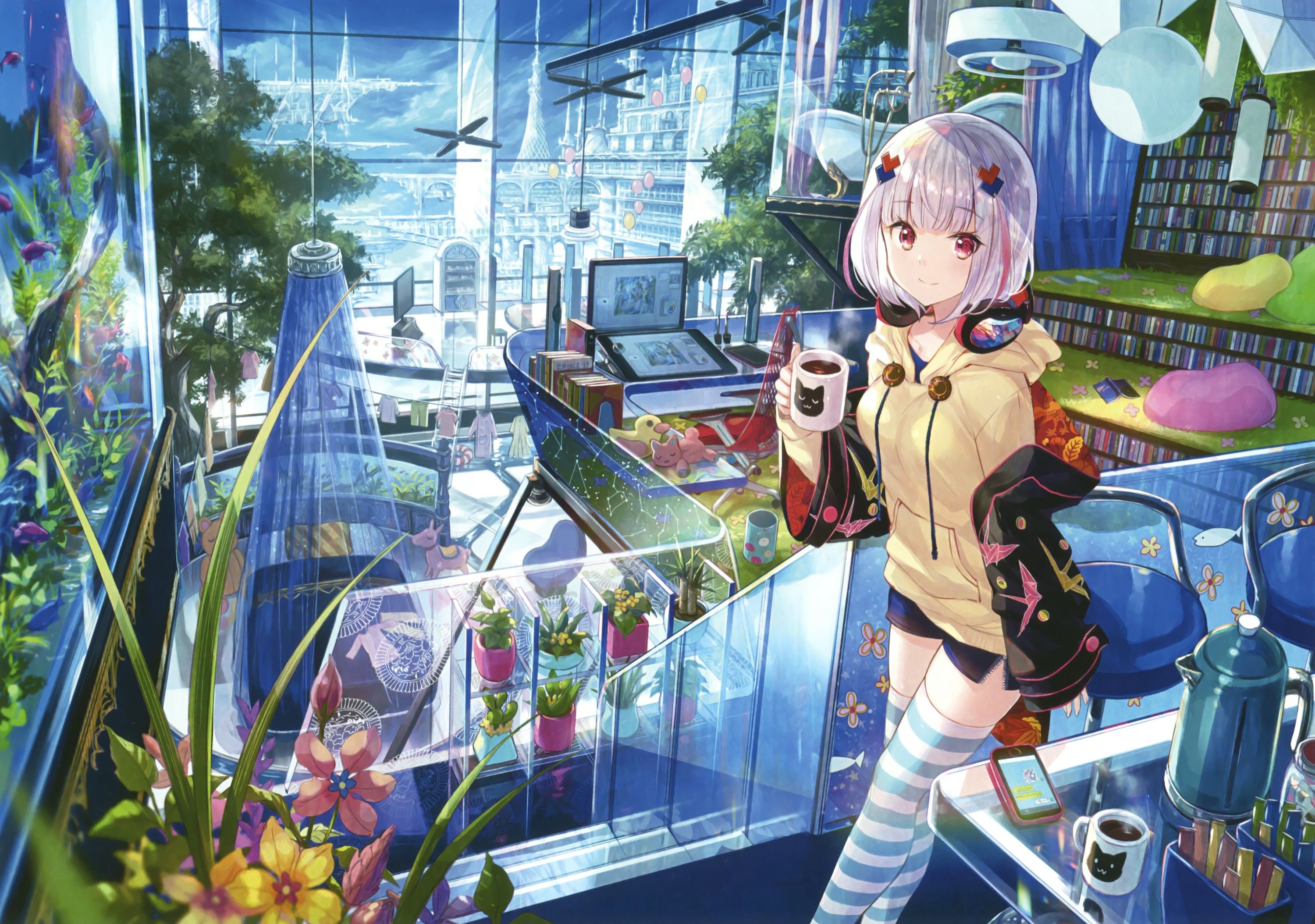 3000x2108 Download 3000x2108 Anime Girl, Futuristic City, Computer, Short Hair, Coffee Wallpaper on WallpaperBat