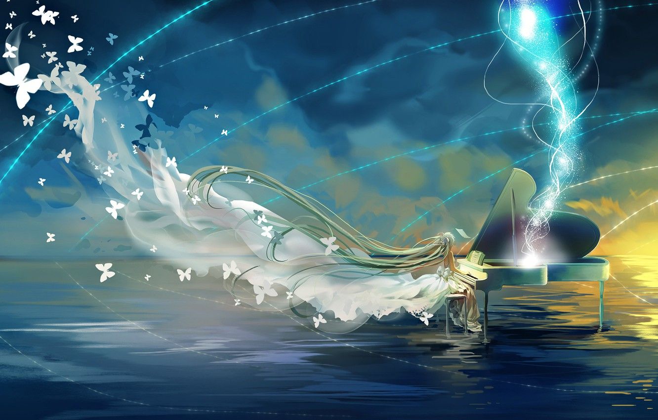 1332x850 Wallpaper the sky, water, girl, clouds, butterfly, anime, piano, art, vocaloid, hatsune miku, miemia image for desktop, section арт on WallpaperBat