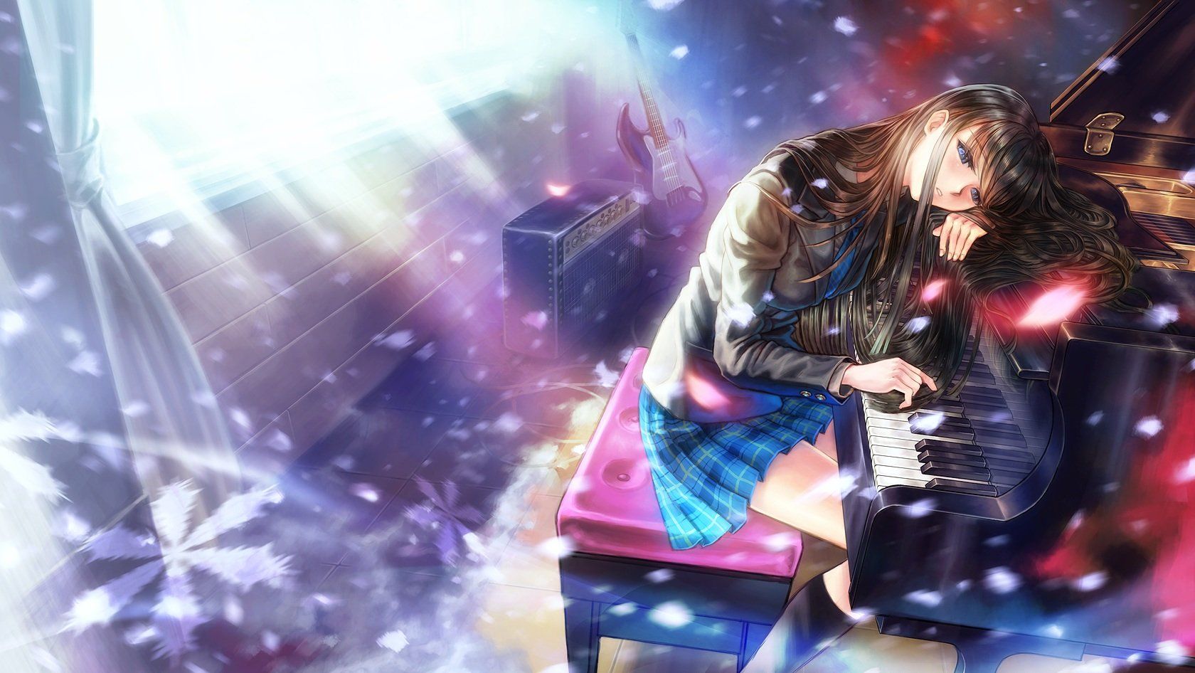 1680x946 Anime Girl Piano Black Hair Blue Eyes Guitar Instrument Kneehighs Long Hair Mori No Kuma San Petals Piano Seifuku Skirt Touma Kazusa White Album White Album 2 Wallpaper. 1680x946 on WallpaperBat