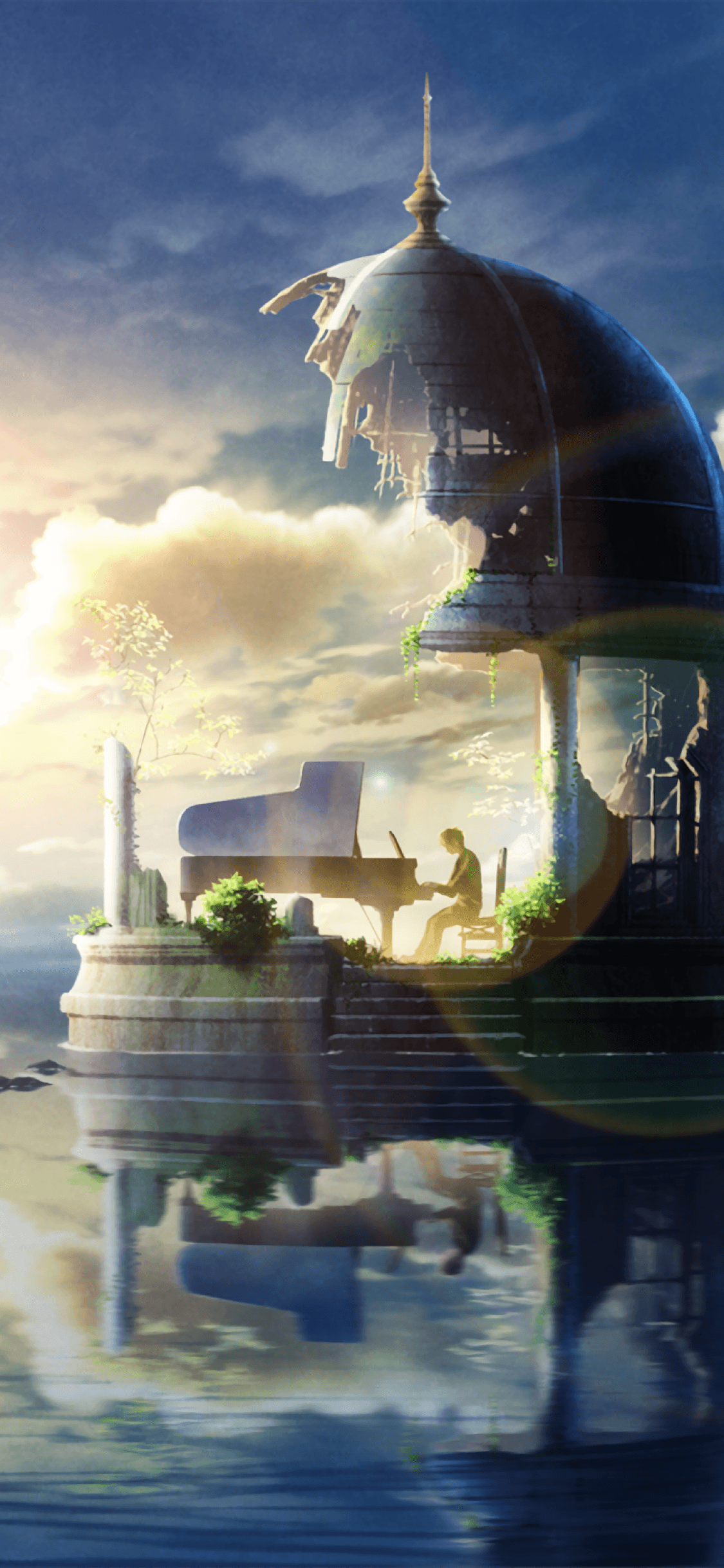 1125x2436 Download 1125x2436 Anime Boy, Playing Piano, Clouds, Lens Flare, Instrument Wallpaper for iPhone X on WallpaperBat