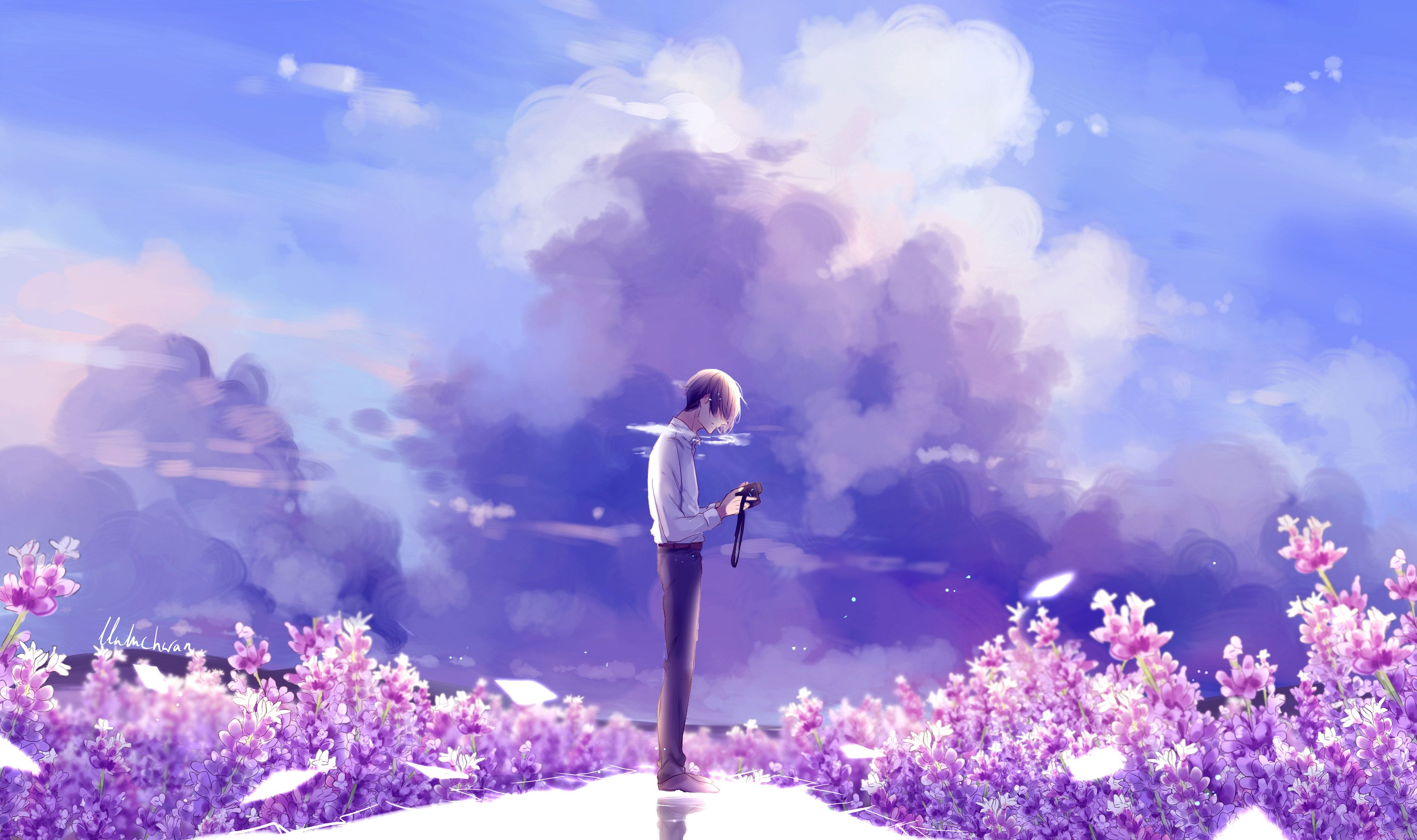 3507x2080 Animeguy Animemanga Clouds Digital Flowers Illustration Lavender ...