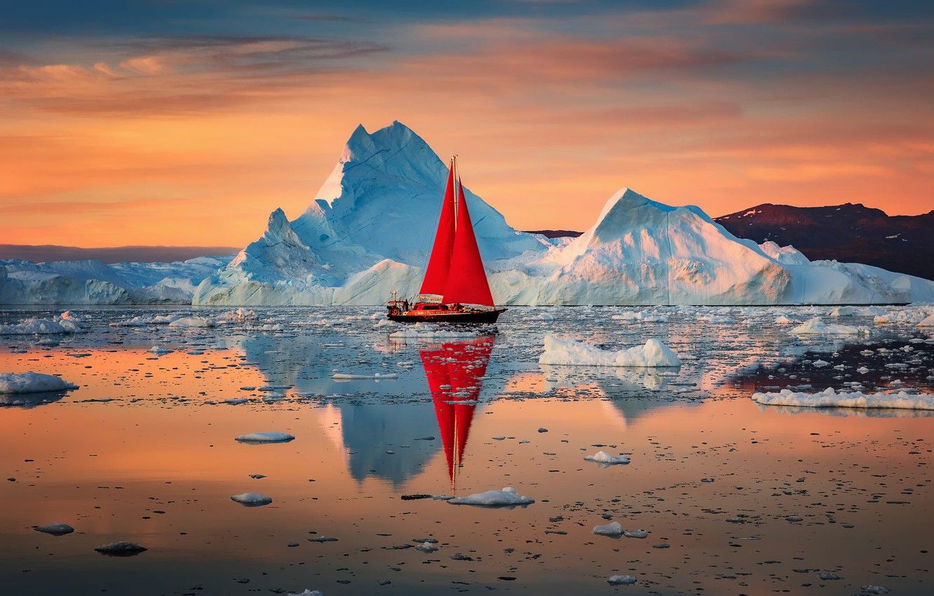 1332x850 Wallpaper landscape, nature, reflection, the ocean, dawn, boat, sailboat, ice, sails, Greenland image for desktop, section пейзажи on WallpaperBat