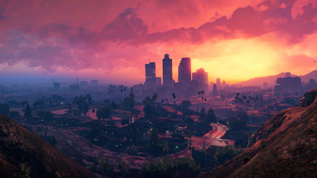 1280x720 Grand Theft Auto V, Los Santos, Sunset, HD, 4K. Sunset city, Grand theft auto, Gta on WallpaperBat