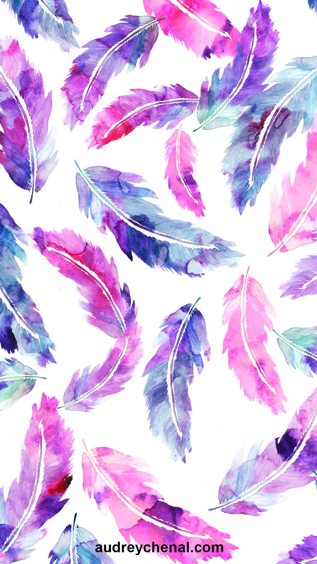 1080x1920 wallpaper Pink purple hand painted watercolor boho feathers pattern by  Audrey Chenal - Audrey Chenal Wallpaper